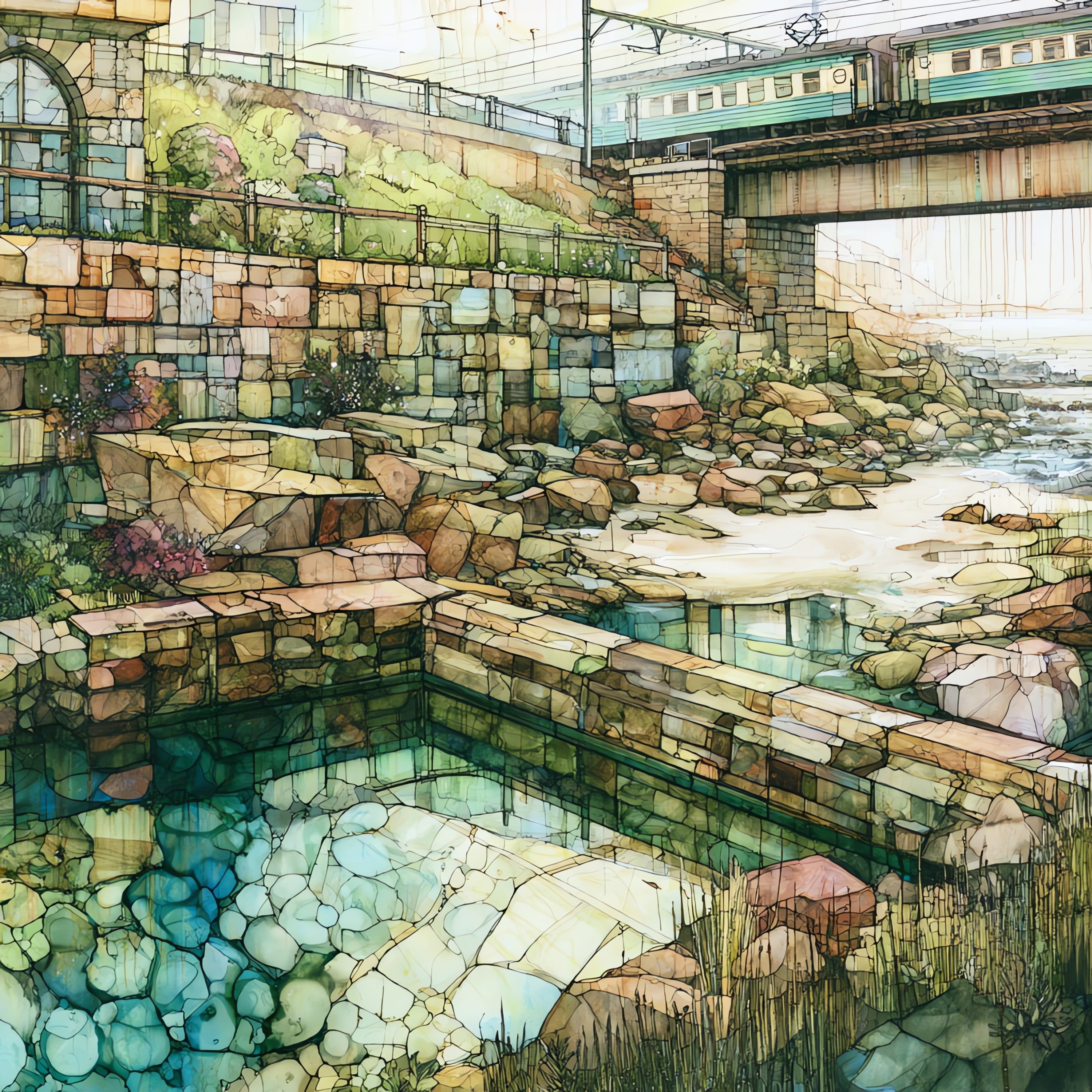 a stone tidal pool below a — ceramic art tile