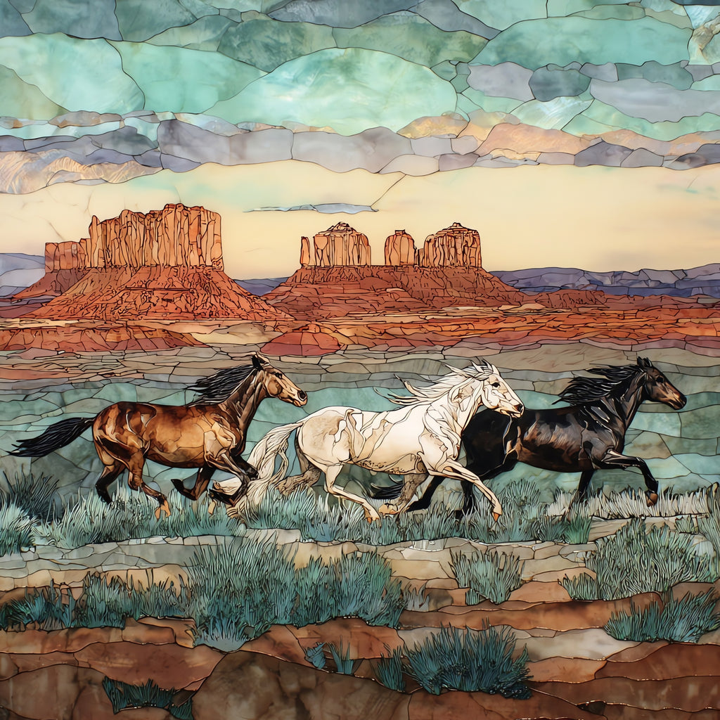 a band of wild mustangs running — ceramic art tile