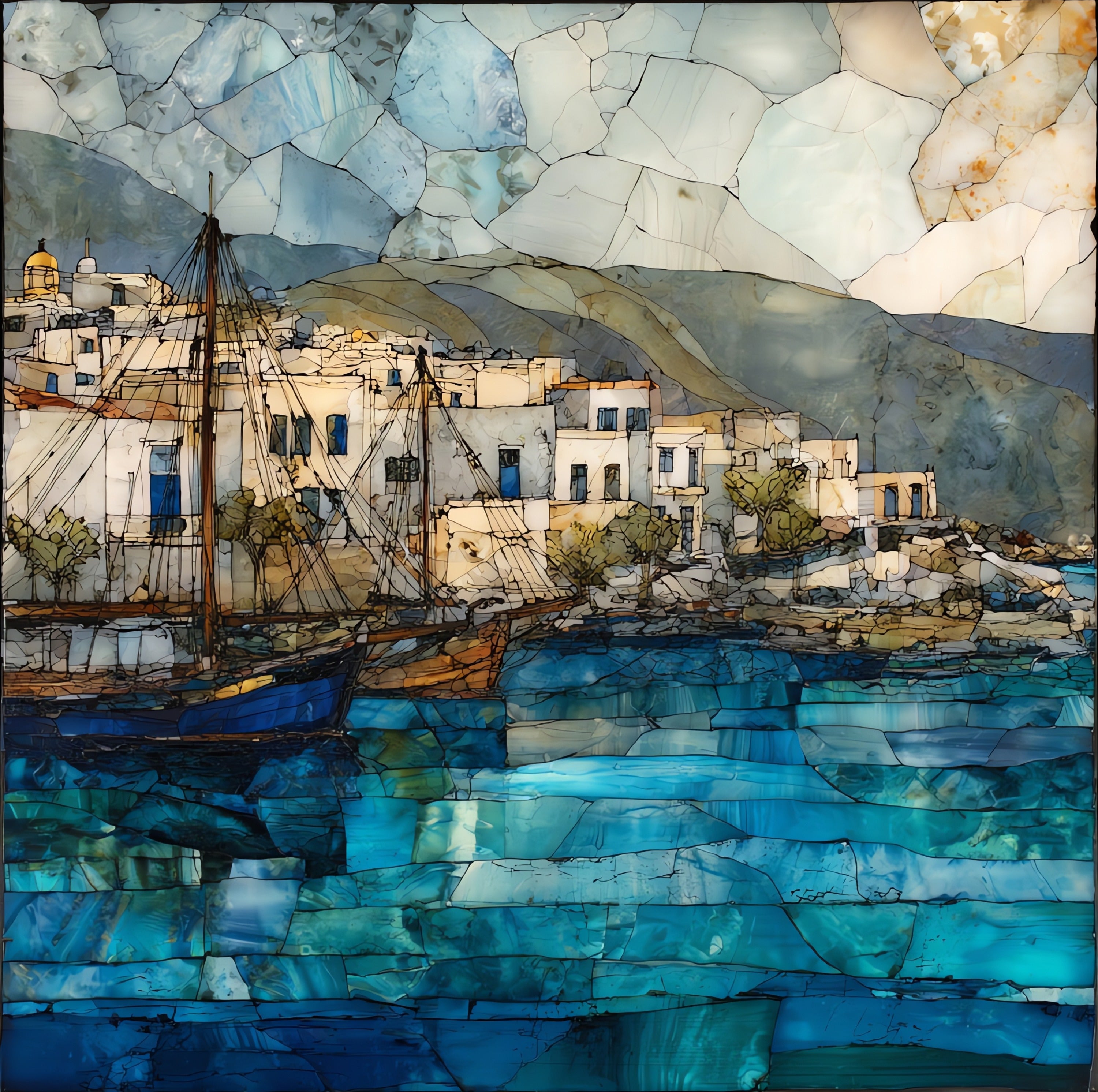 Naoussa Harbor — ceramic art tile