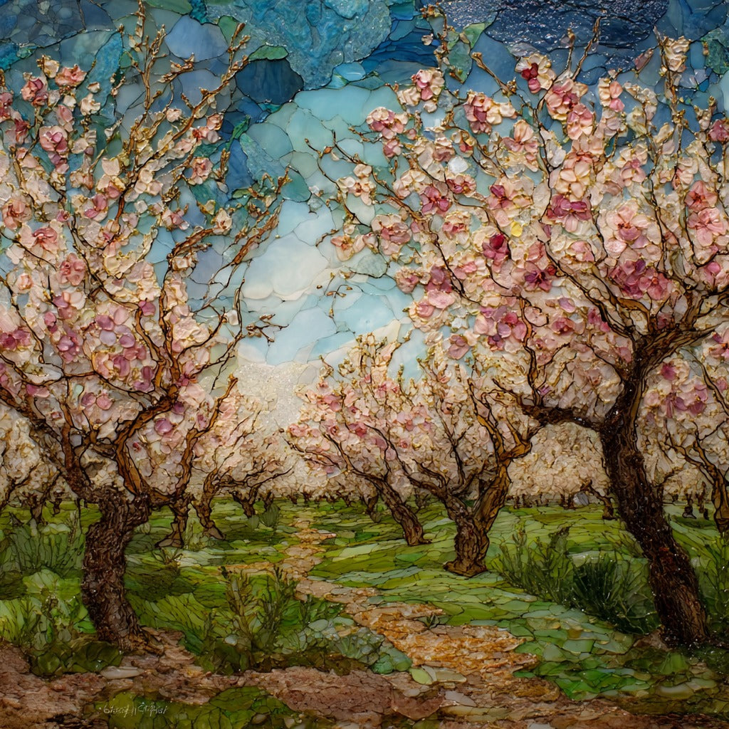 Mallorca almond blossom orchard — ceramic art tile