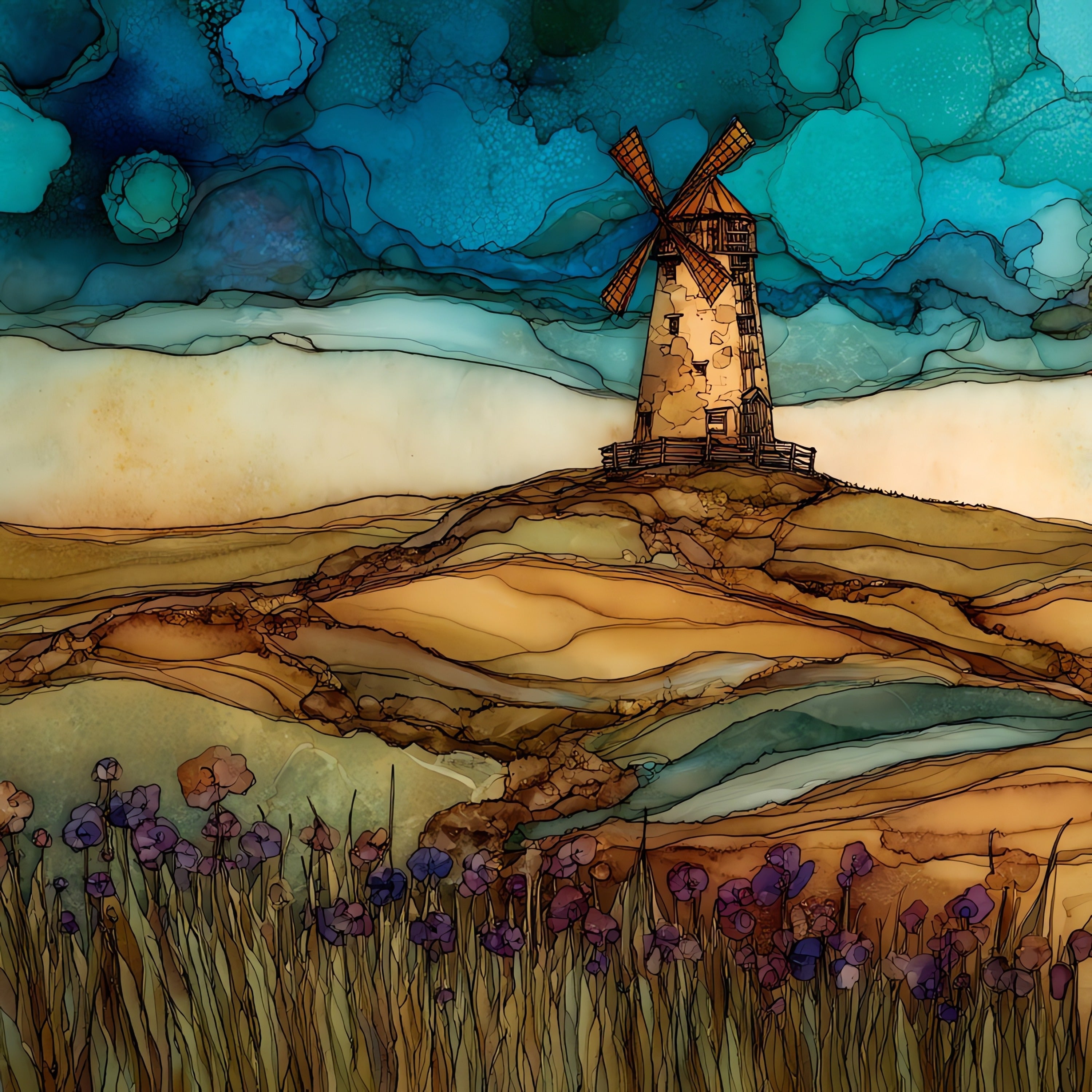 a lone Sandhills windmill — ceramic art tile