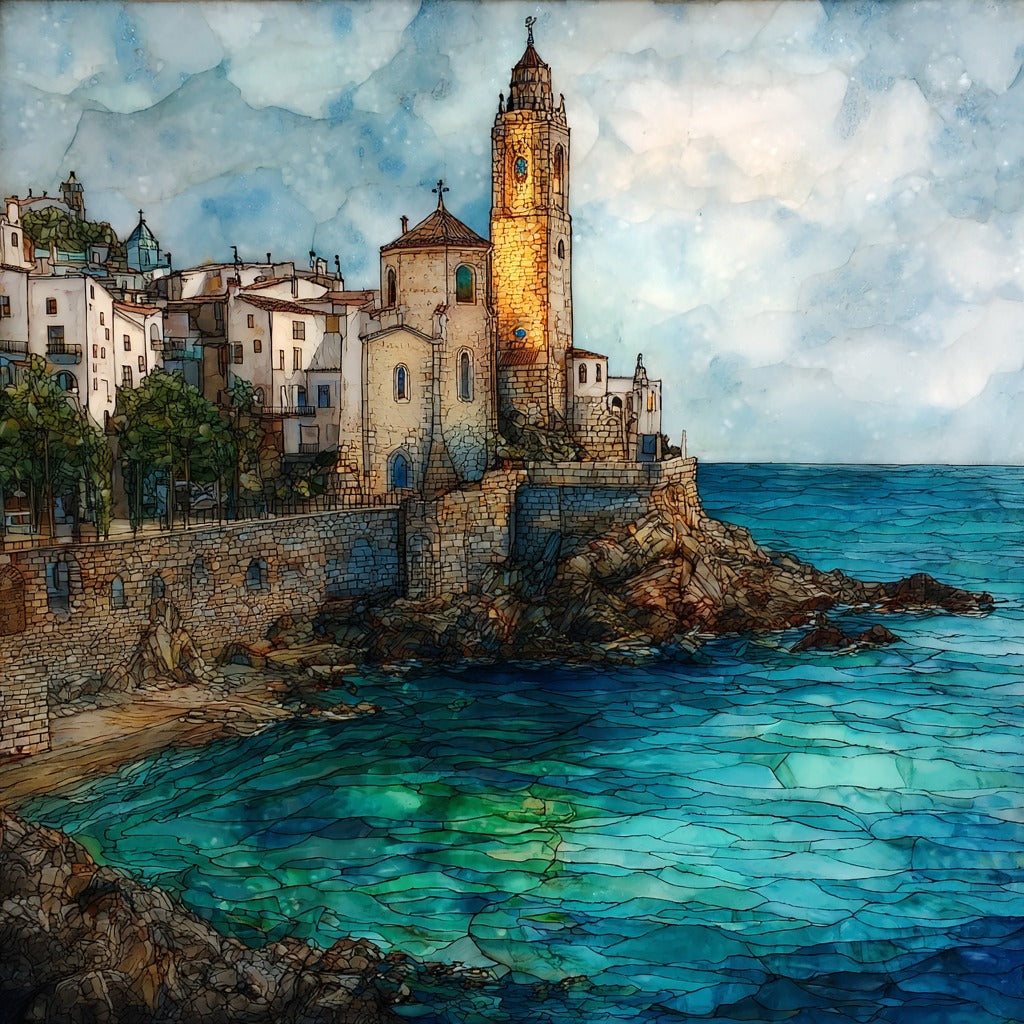 Sitges Sant Bartomeu I Santa Tecla Church on Its Sea Cliff Promontory — ceramic art tile