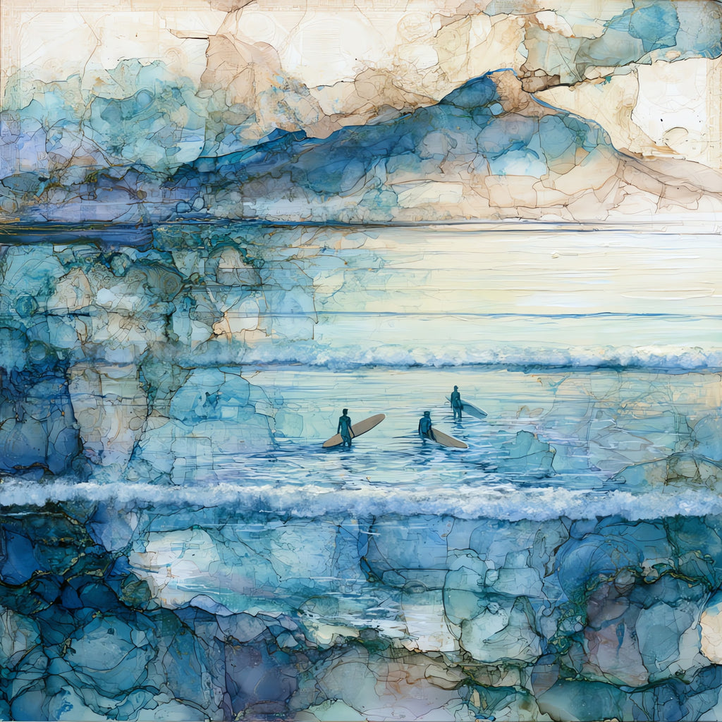 longboard surfers wading into — ceramic art tile