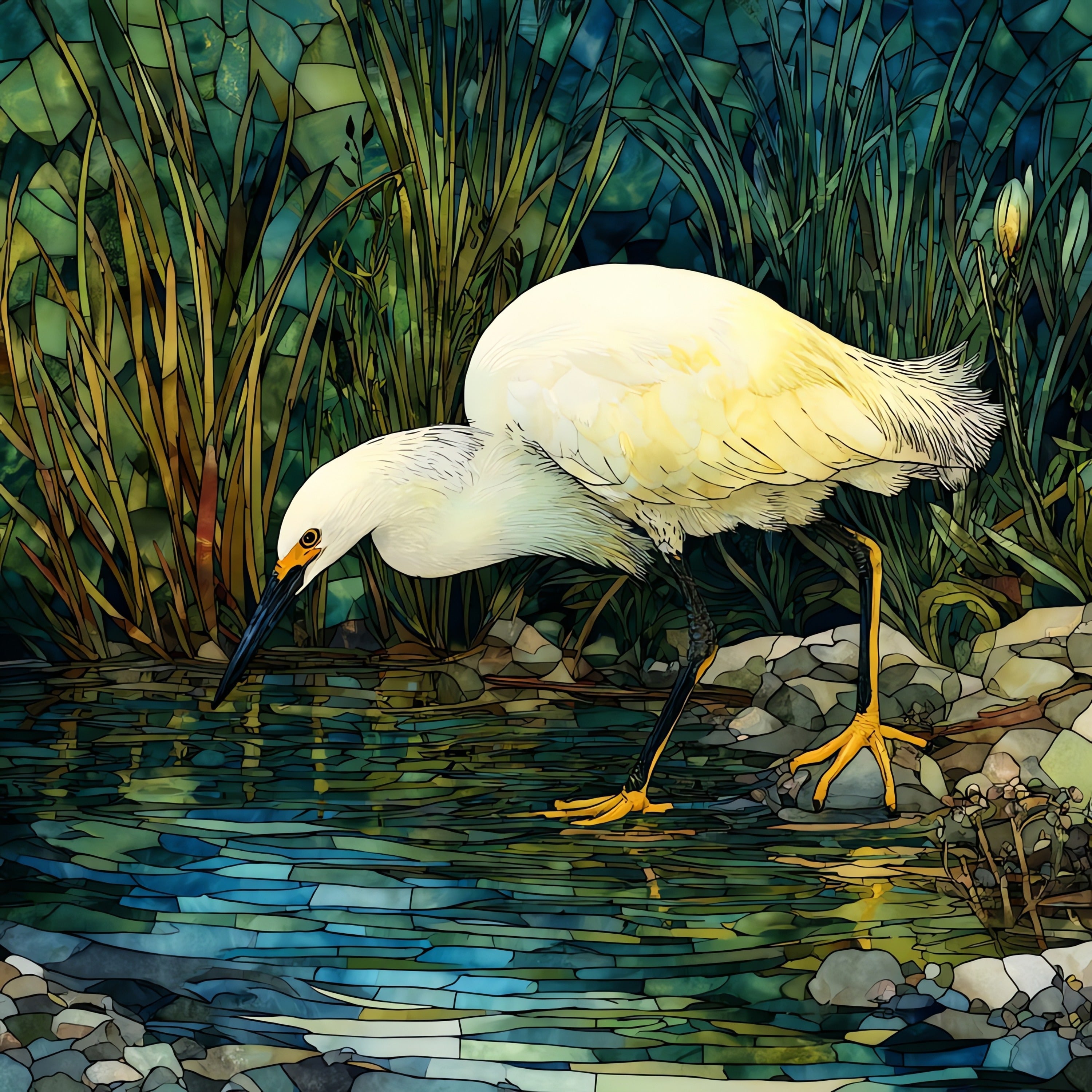a snowy egret stalking the shallows — ceramic art tile