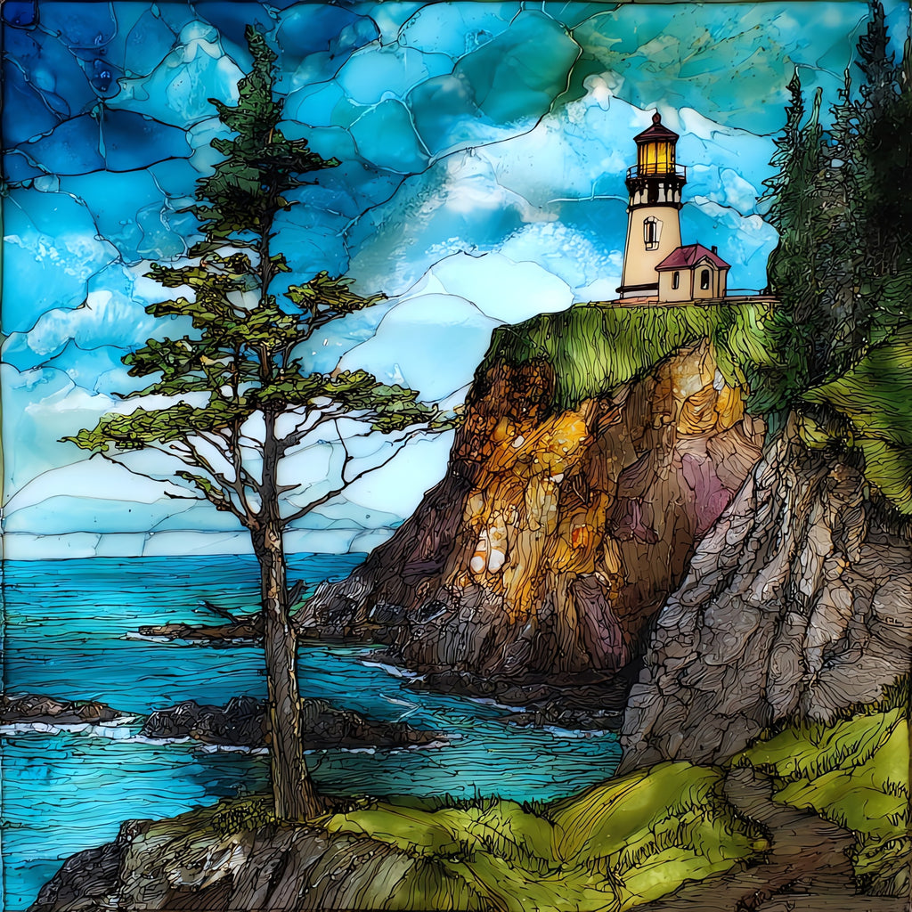 Cape Meares Lighthouse on the basalt cliff — ceramic art tile