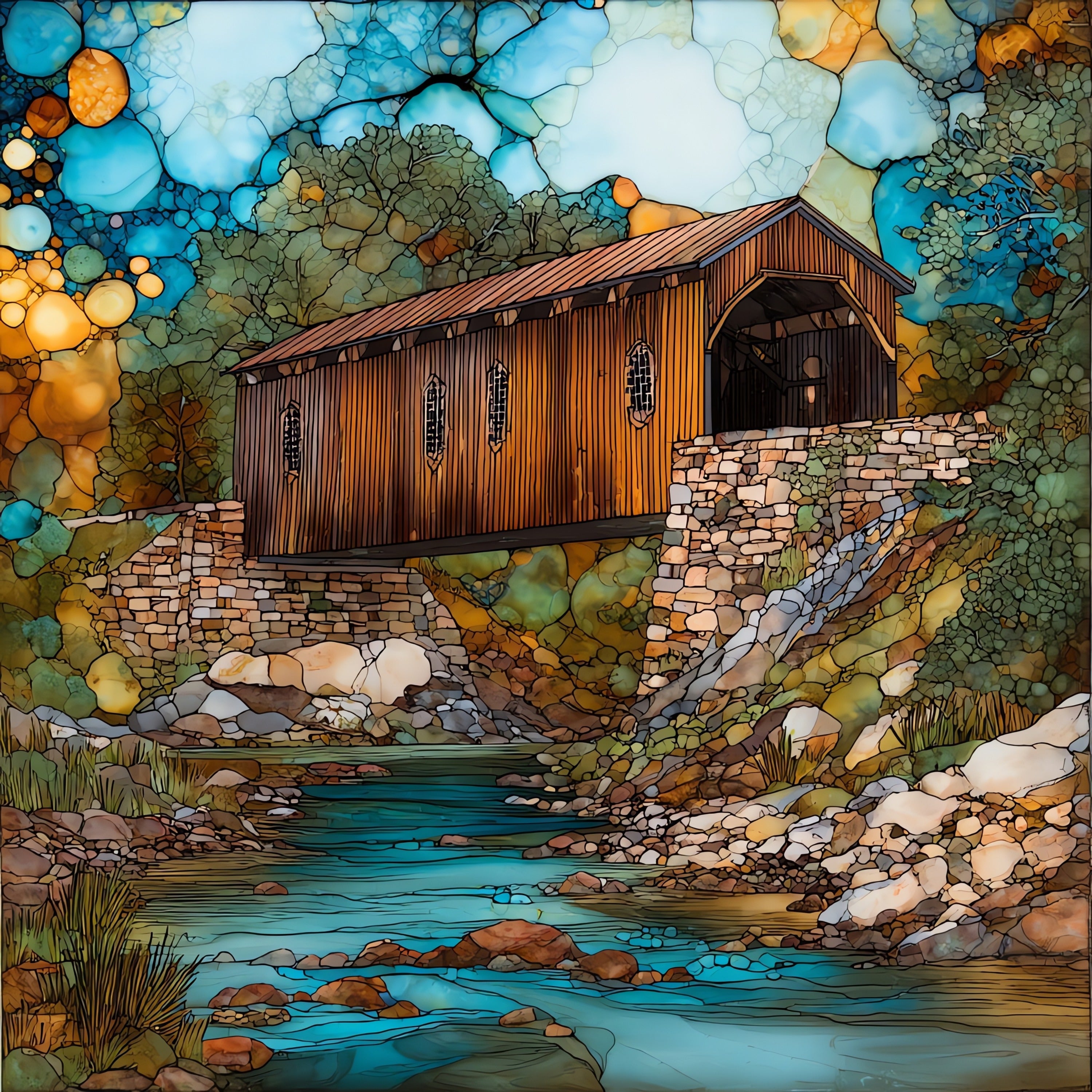the Brown covered bridge over the — ceramic art tile
