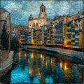 Girona Old Town colored riverfront — ceramic art tile