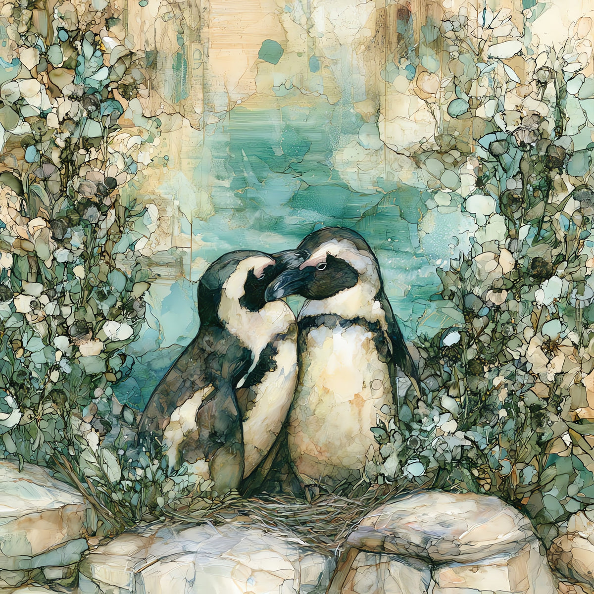 two African penguins — ceramic art tile