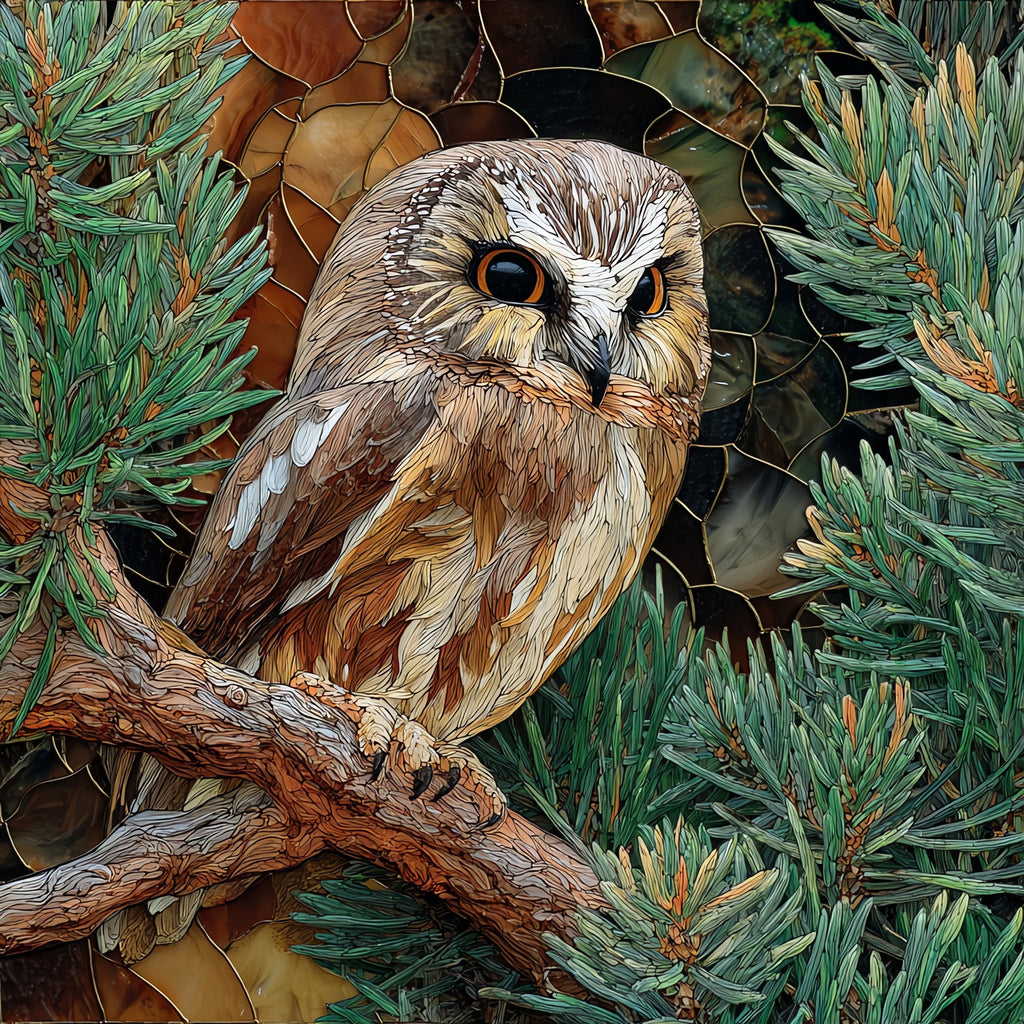 a northern saw-whet owl on a low red — ceramic art tile
