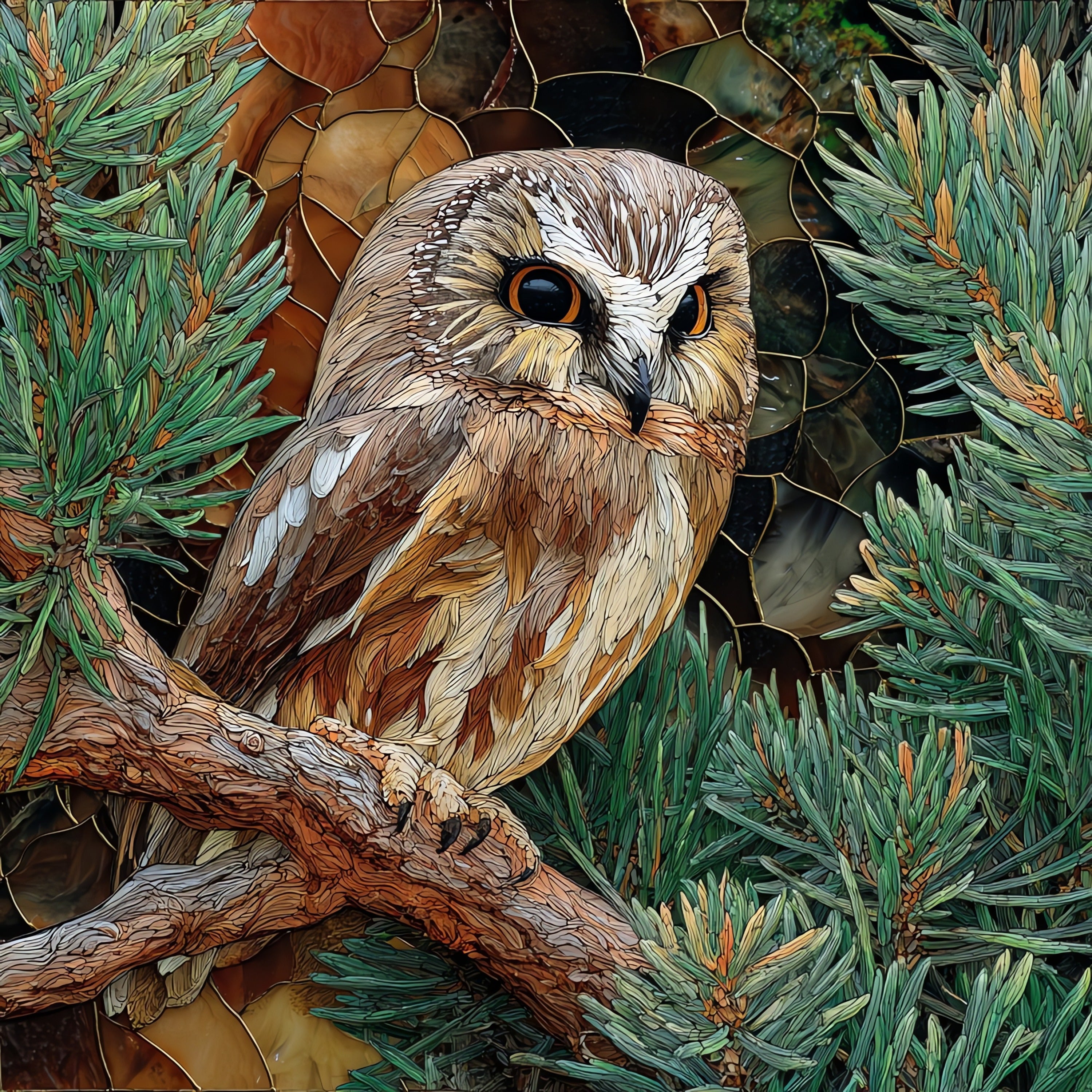 a northern saw-whet owl on a low red — ceramic art tile