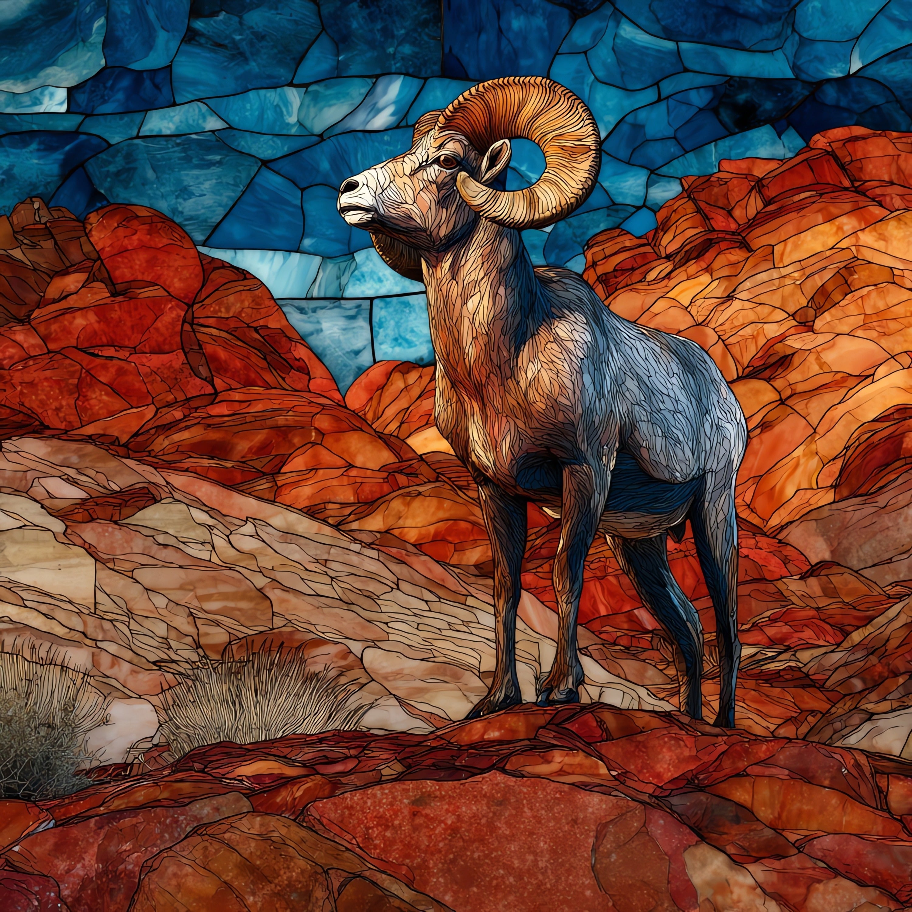a desert bighorn ram on a sandstone ridge — ceramic art tile