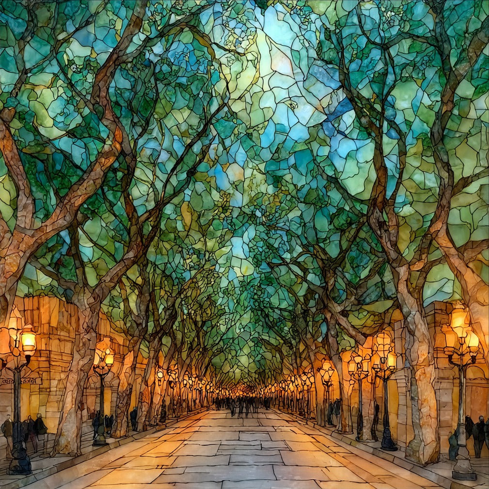 La Rambla tree-lined promenade — ceramic art tile