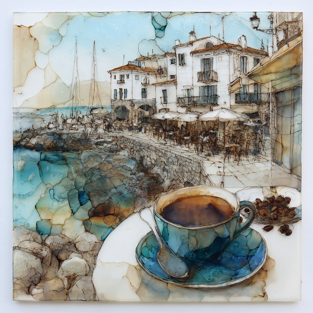Small Sitges Harbor Cafe Terrace a Cup of Thick Hot Chocolate the Sea Wall Vie — ceramic art tile