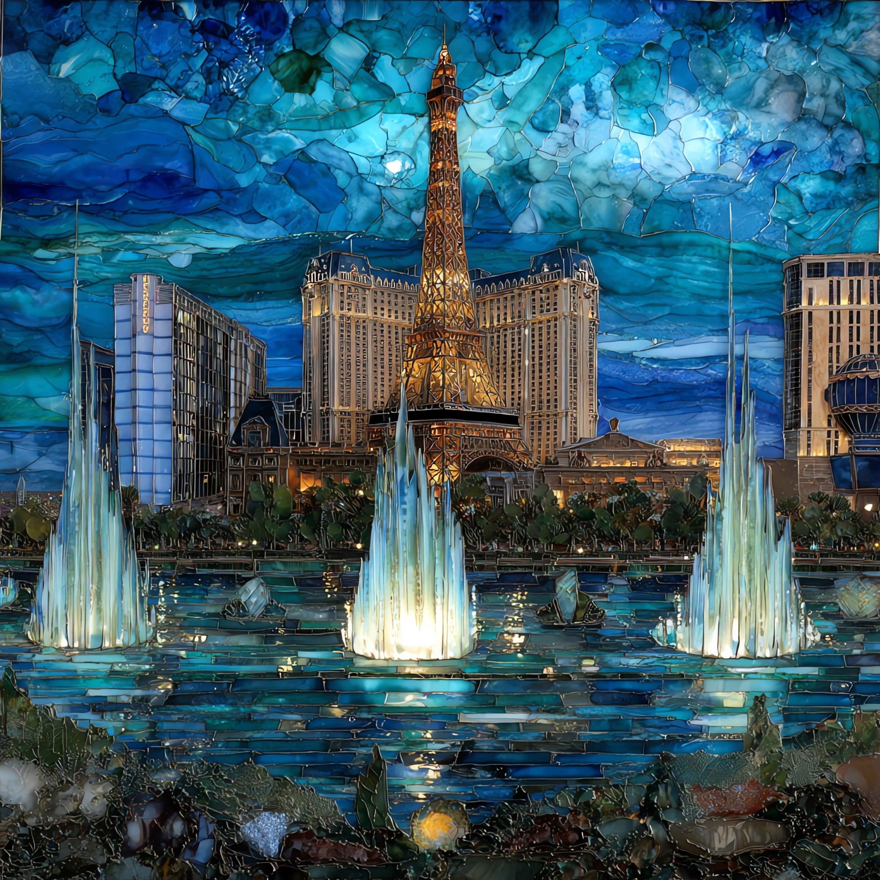 the Bellagio fountains on the Las — ceramic art tile