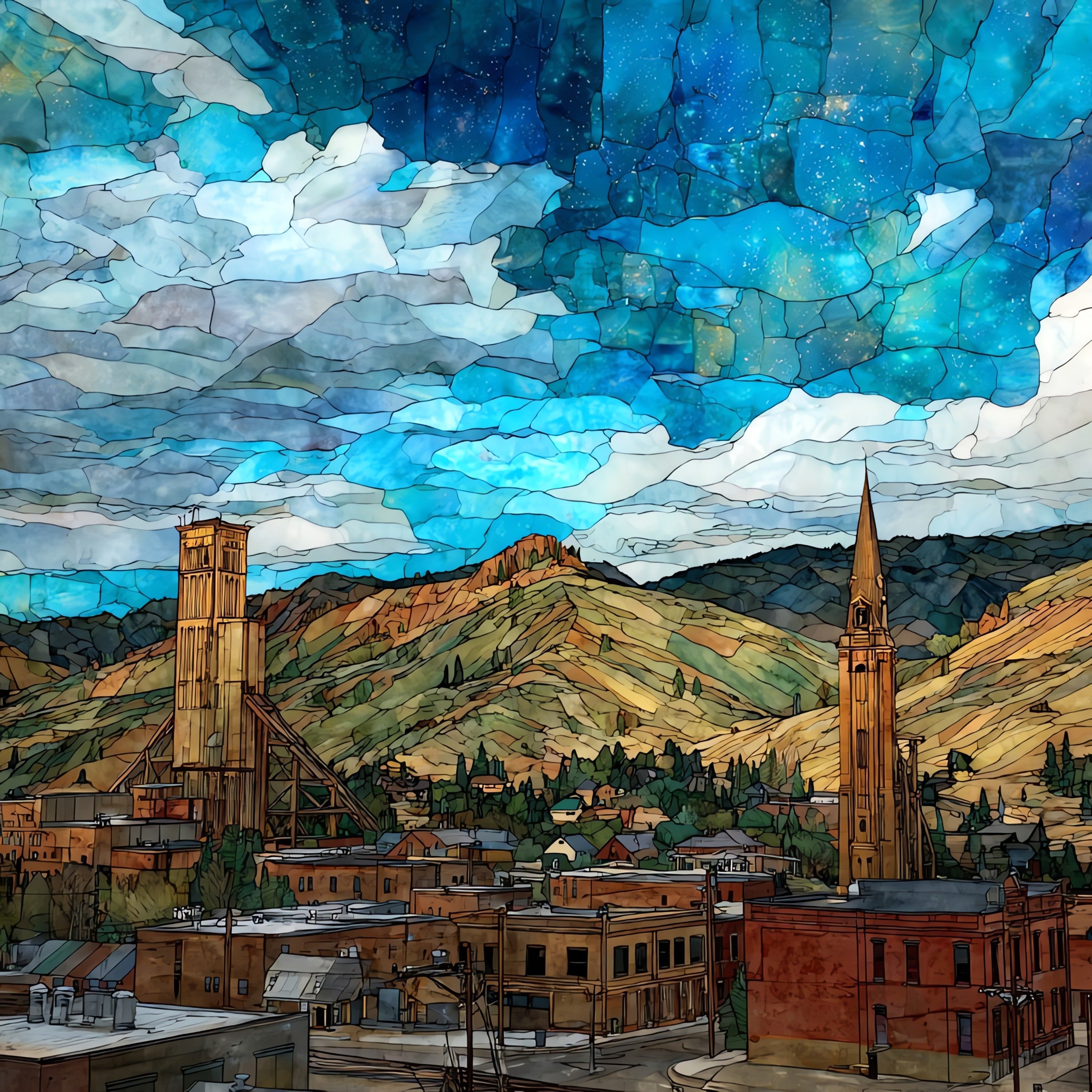 the historic gallows-frame headframes — ceramic art tile