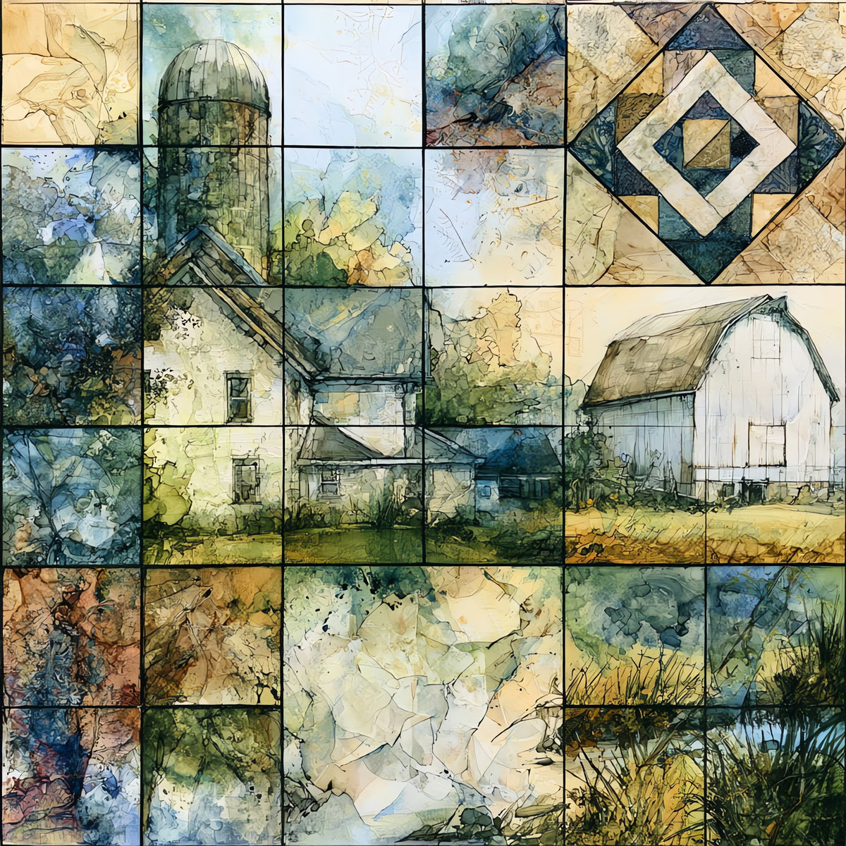 an Amish farmhouse and white barn — ceramic art tile