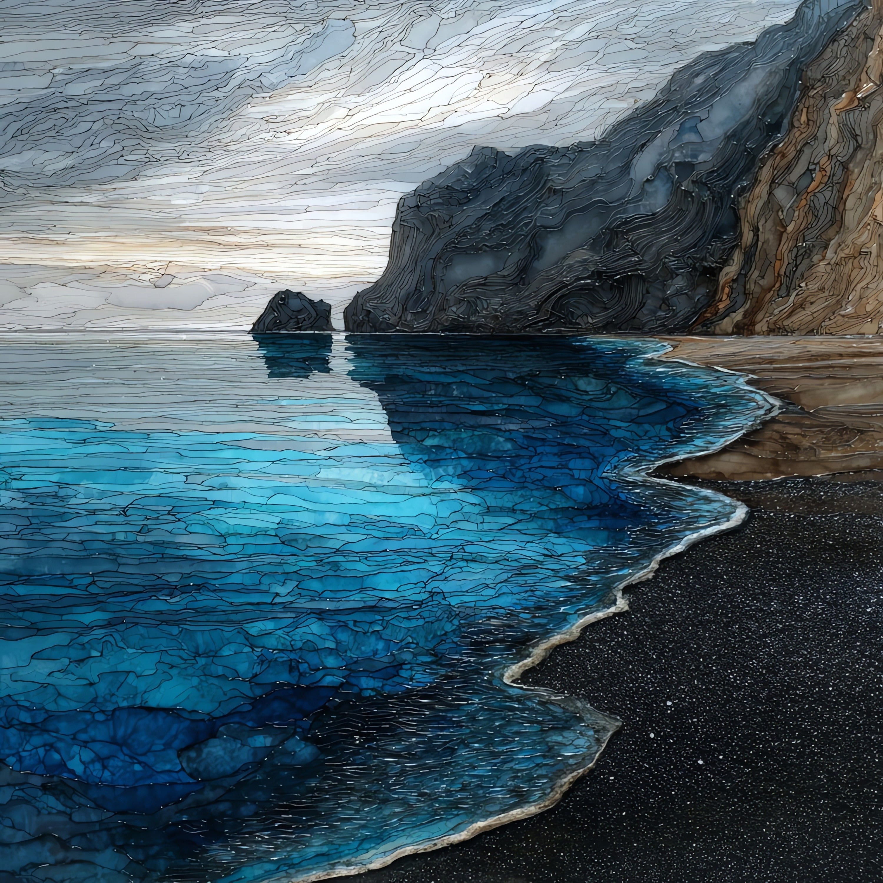 Perissa black-sand beach — ceramic art tile