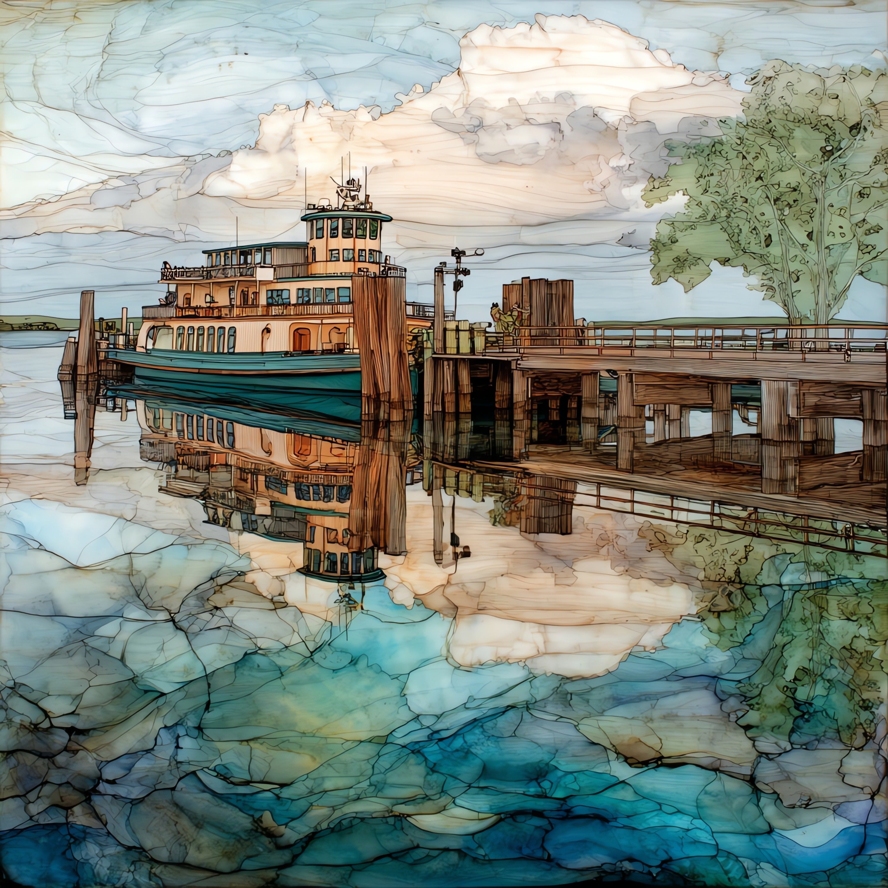 the Chester-Hadlyme Ferry crossing — ceramic art tile