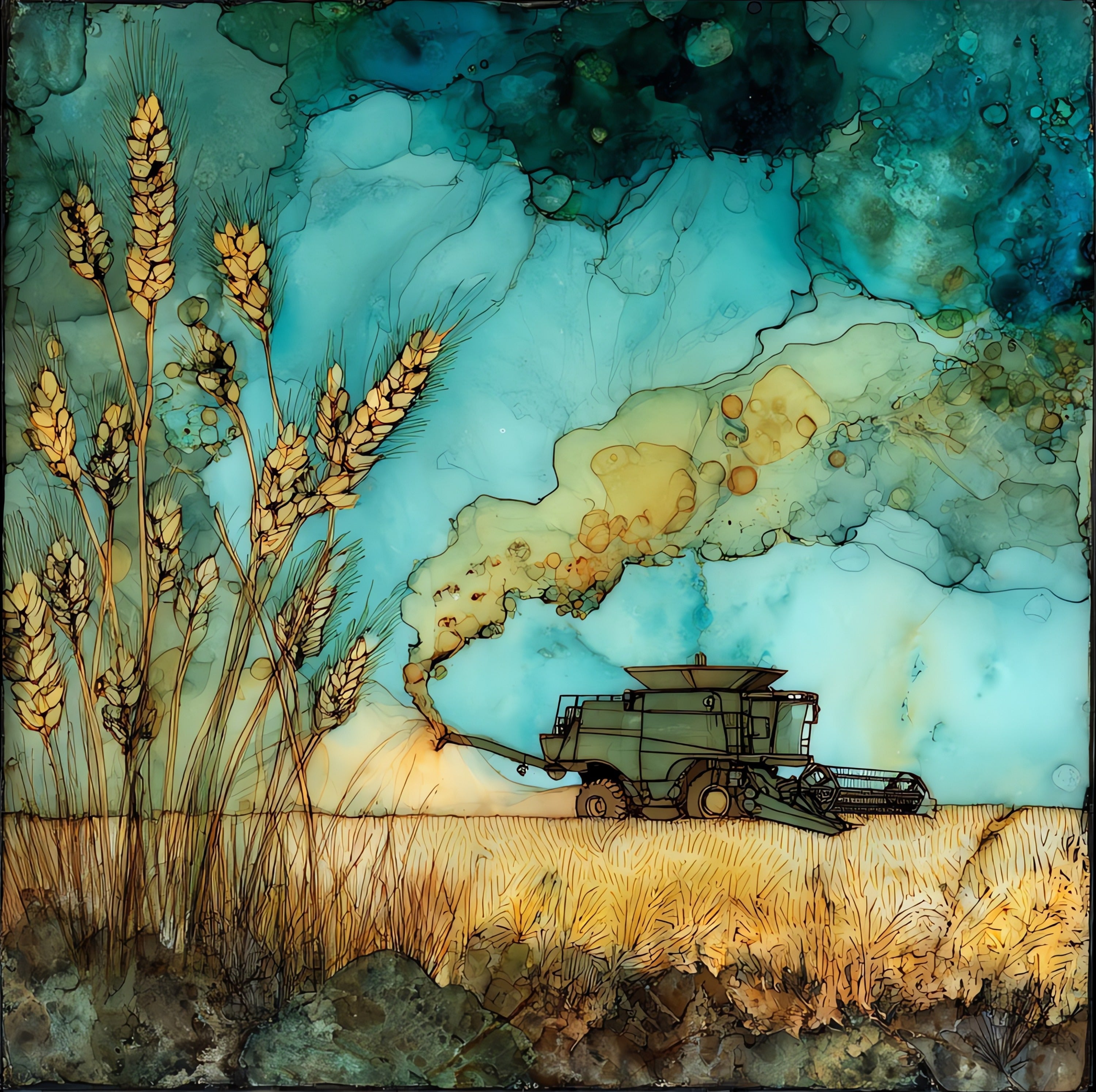 a combine harvesting wheat — ceramic art tile