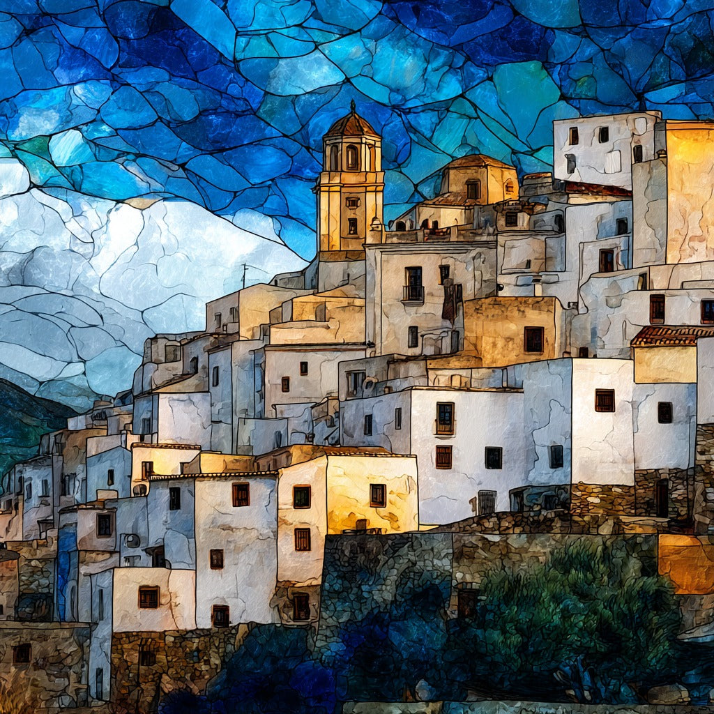 Casares pueblo blanco cascading down the hill — ceramic art tile