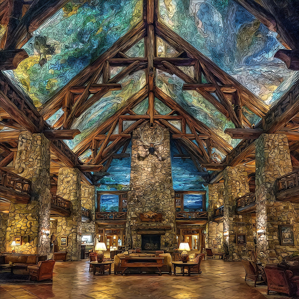 the Lake McDonald Lodge log lobby — ceramic art tile