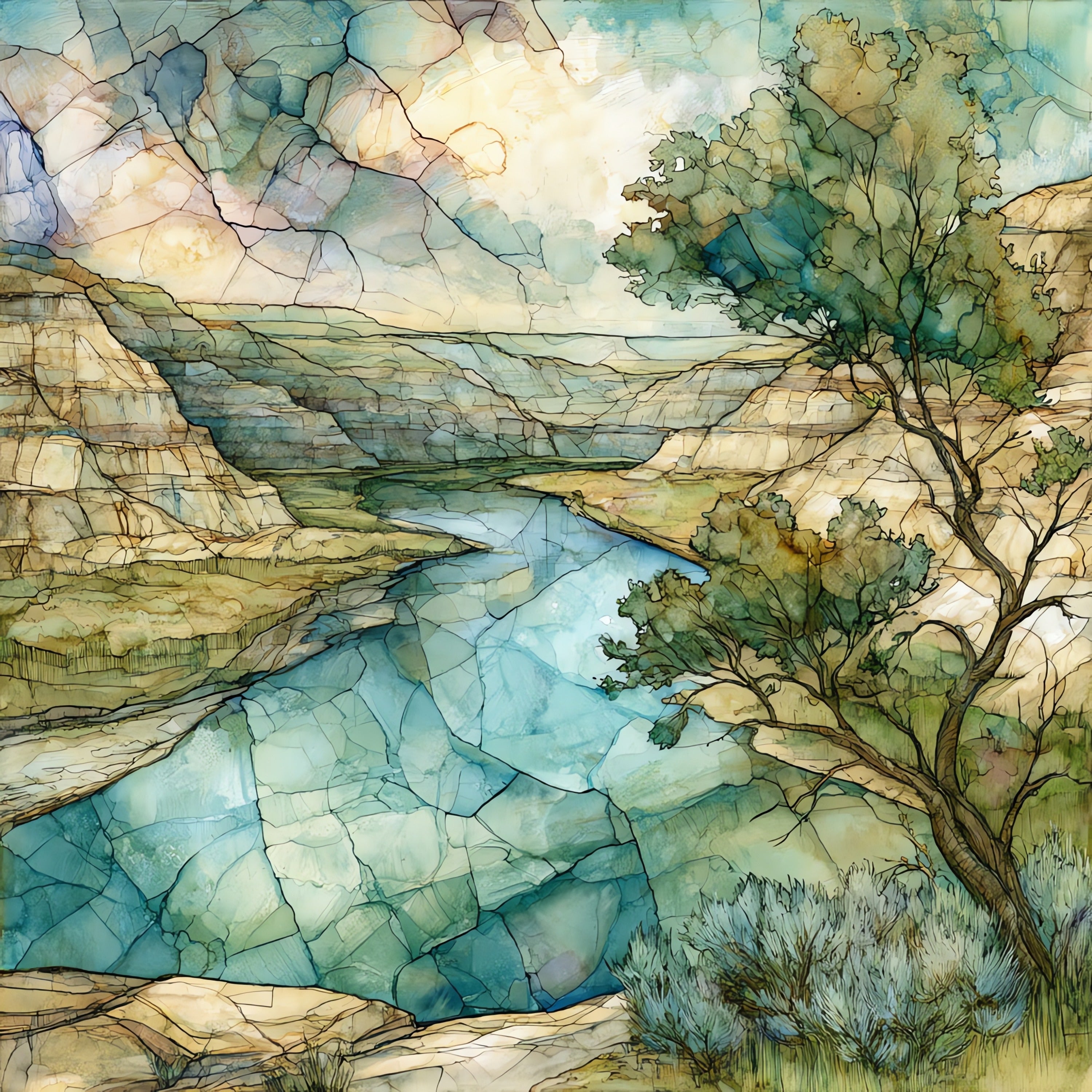 a Little Missouri River bend — ceramic art tile