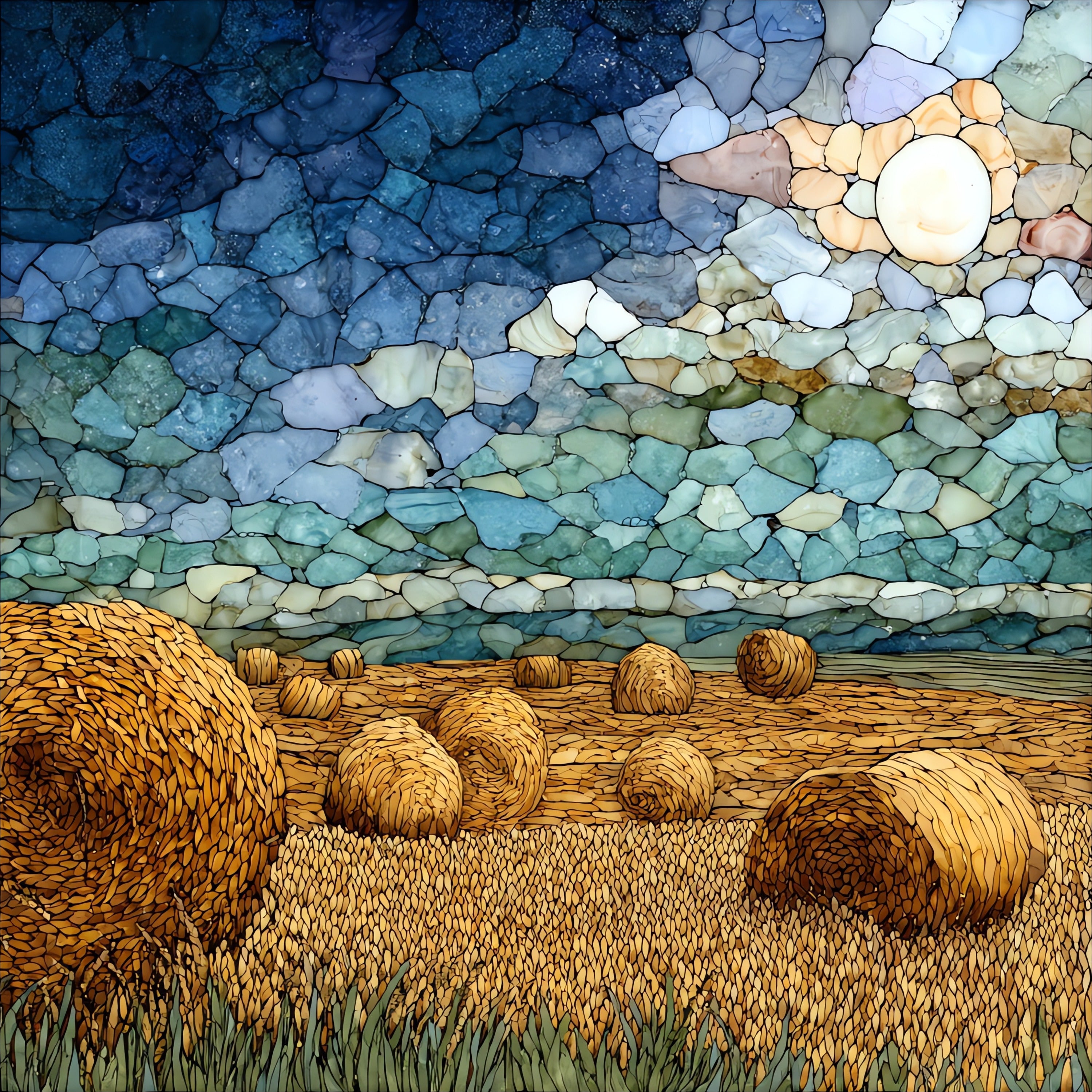 round bales of wheat across a stubble field — ceramic art tile