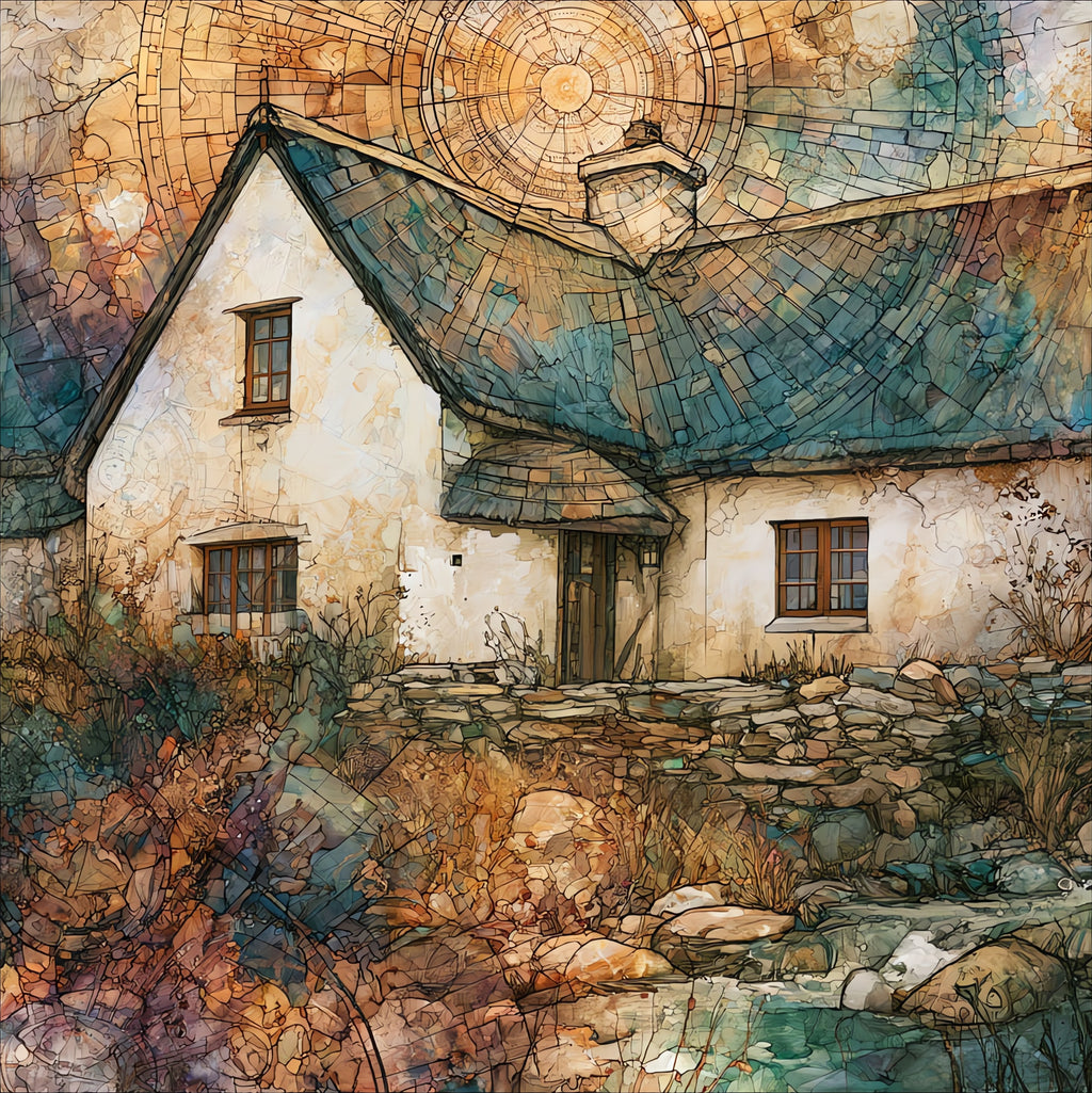 an old whitewashed thatched — ceramic art tile