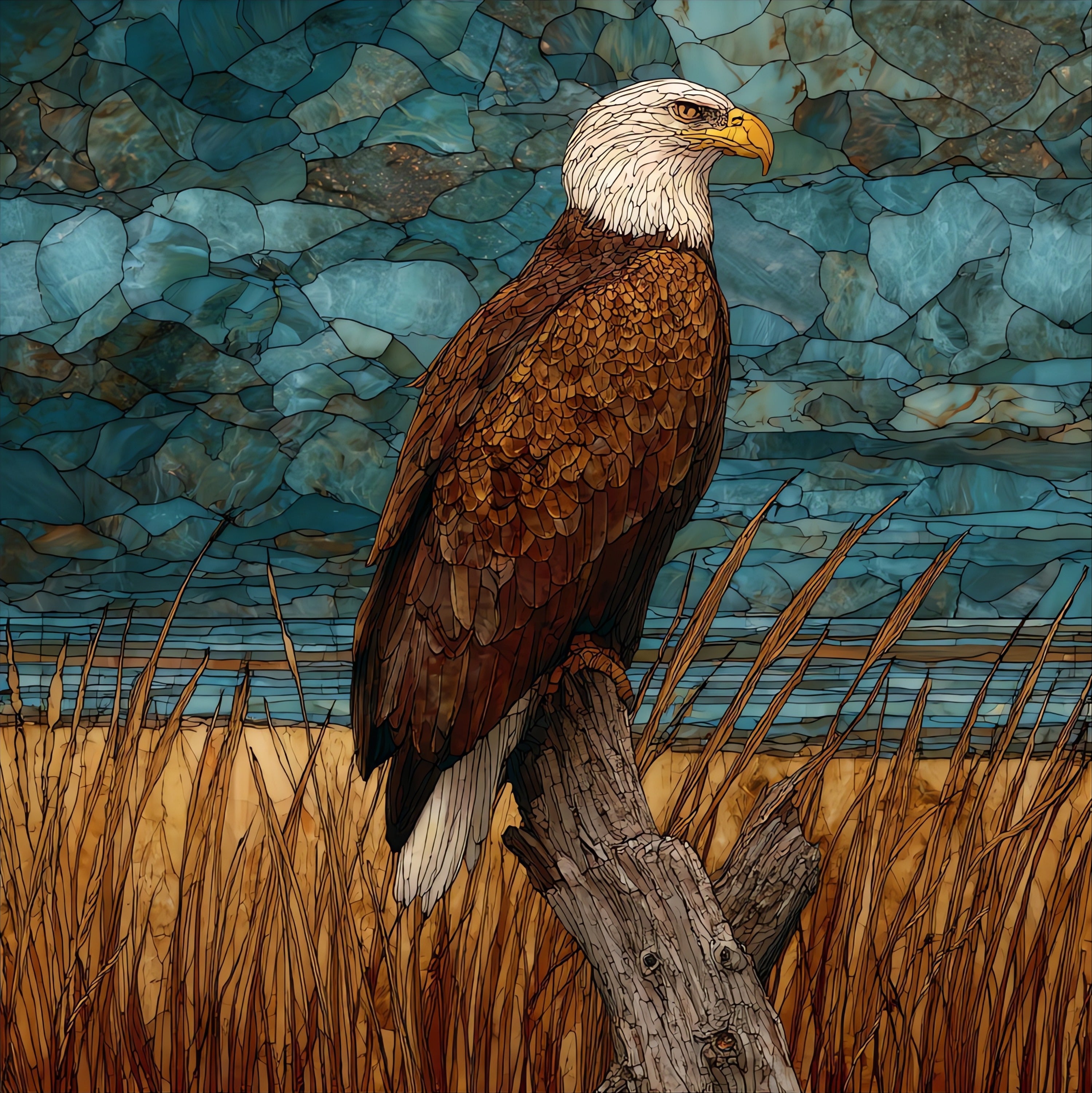 a bald eagle perched atop a — ceramic art tile