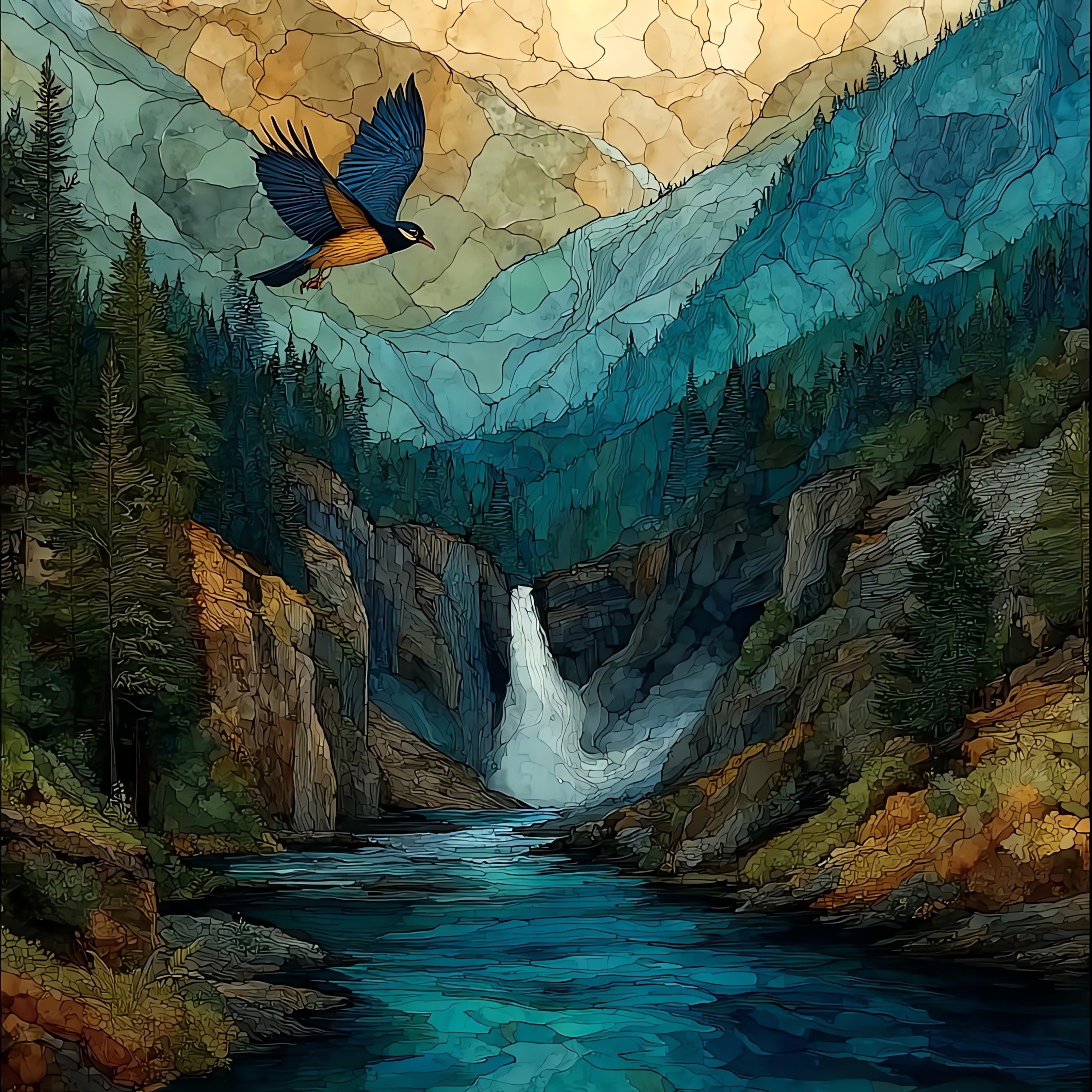 Bird Woman Falls plunging — ceramic art tile