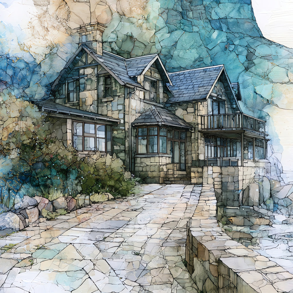 a stone seafront cottage — ceramic art tile