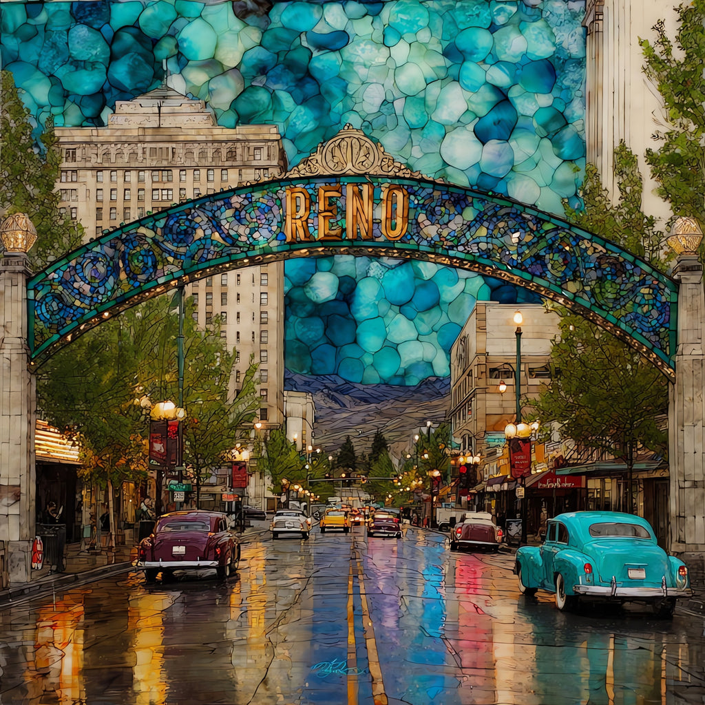 the Reno Arch spanning Virginia Street — ceramic art tile