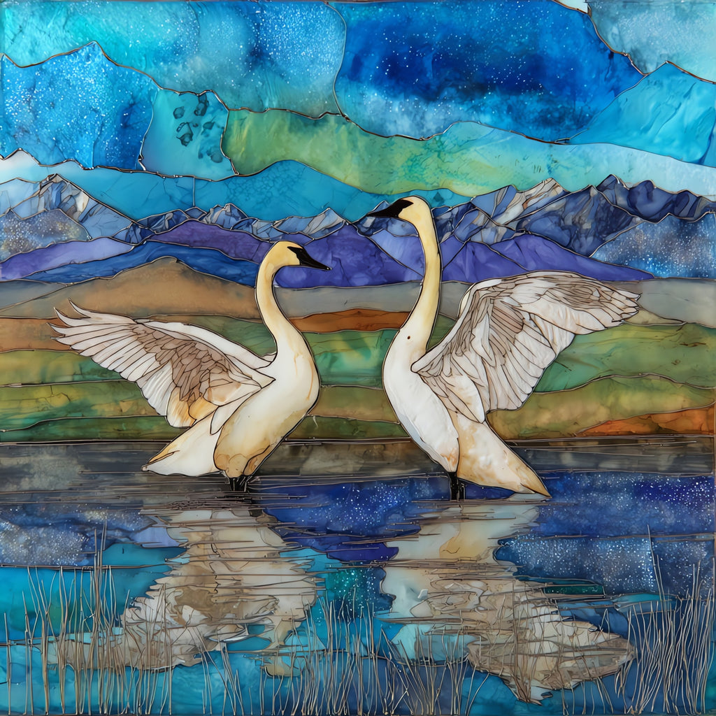 a pair of trumpeter swans on Upper Red — ceramic art tile