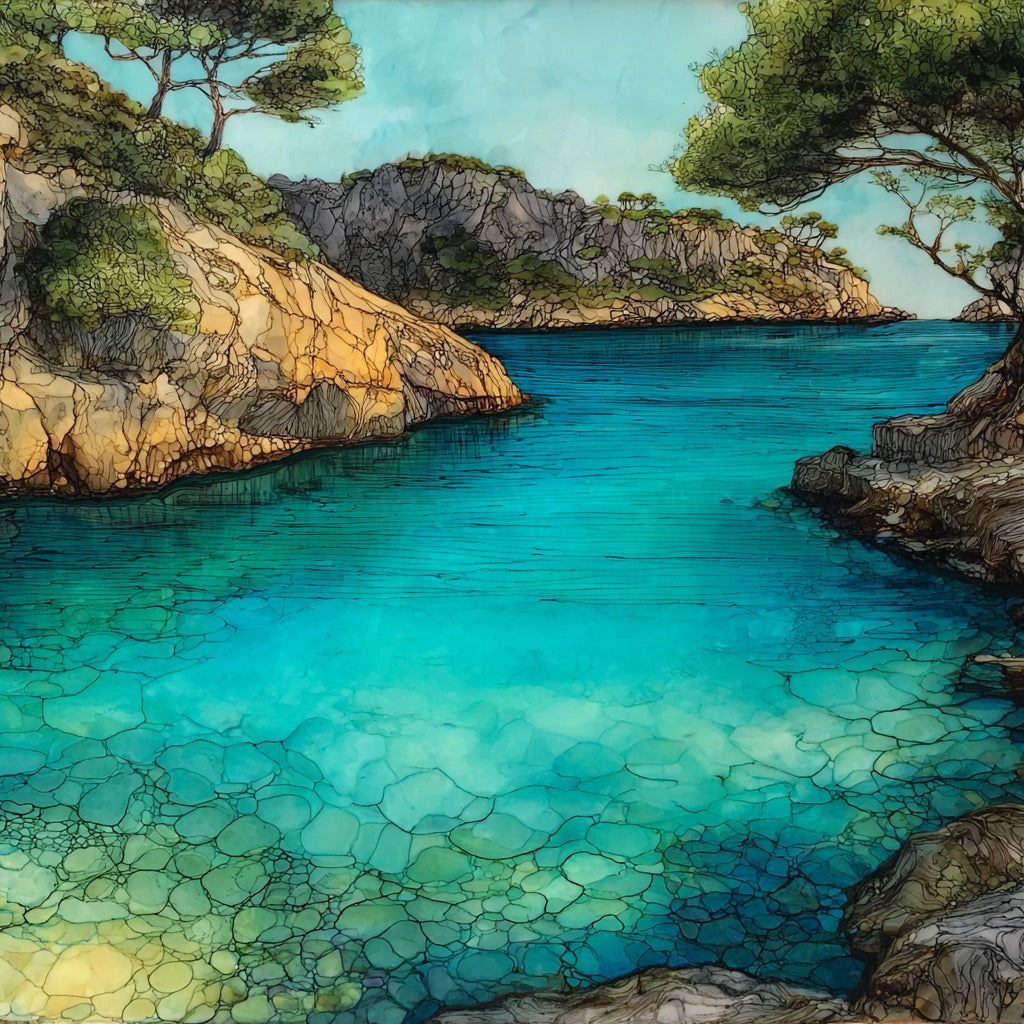 Menorca Cala Macarella turquoise cove — ceramic art tile