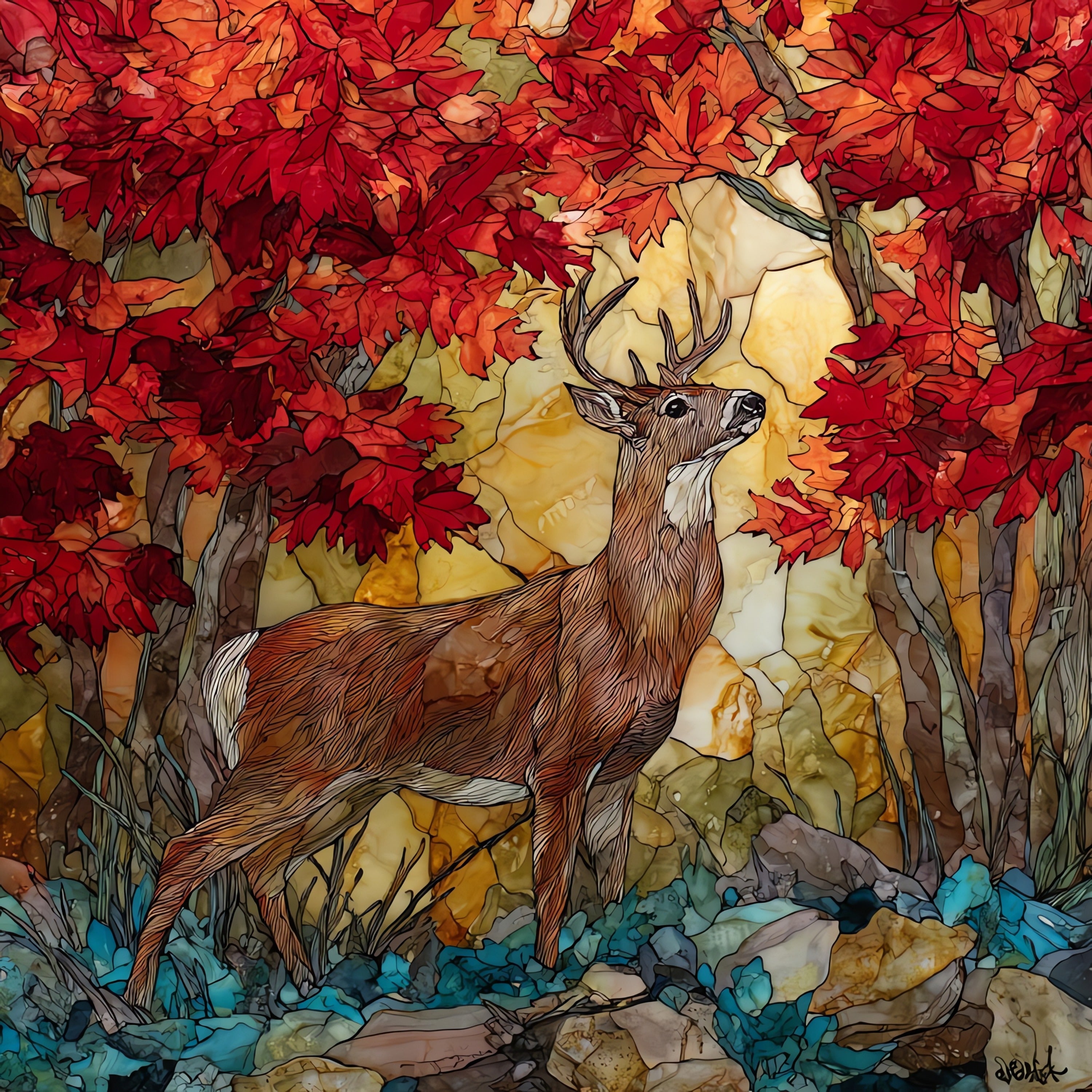 a white-tailed buck among red maple — ceramic art tile