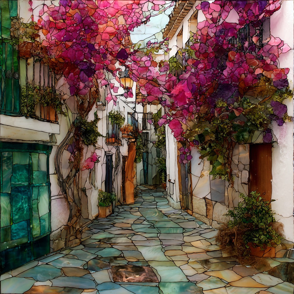 Sitges Old Town Narrow Whitewashed Lanes Cascading Bougainvillea — ceramic art tile