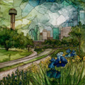 Pioneer Plaza longhorn sculptures — ceramic art tile