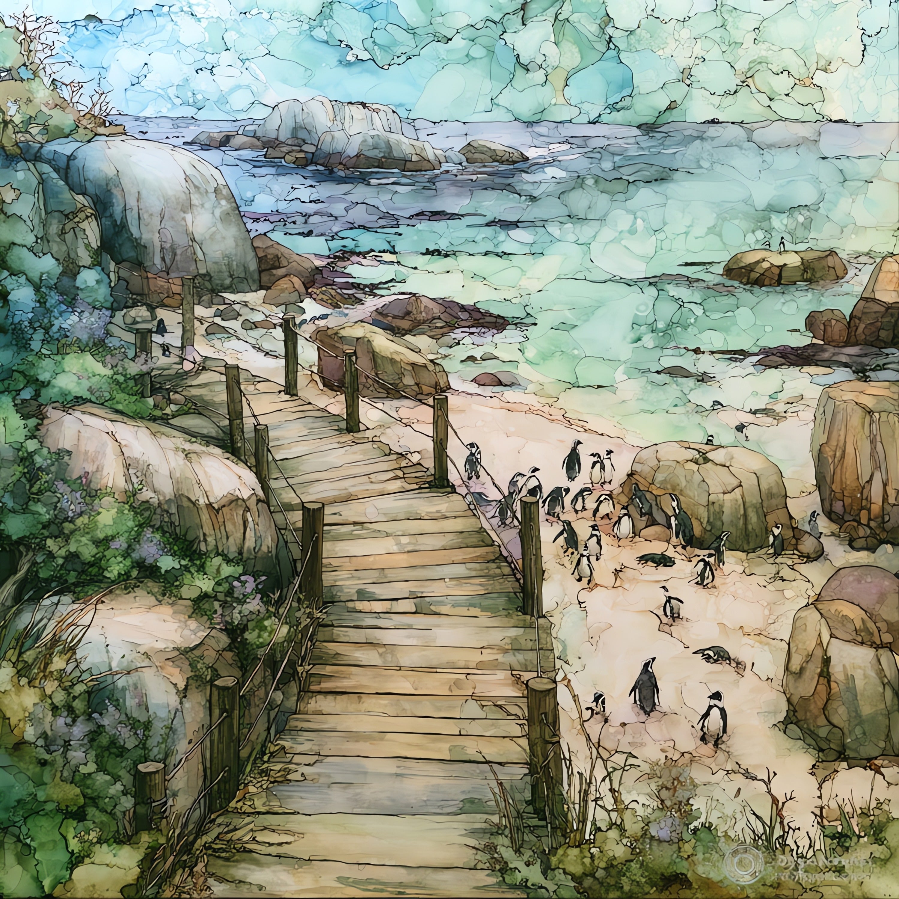 a wooden boardwalk overlooking — ceramic art tile