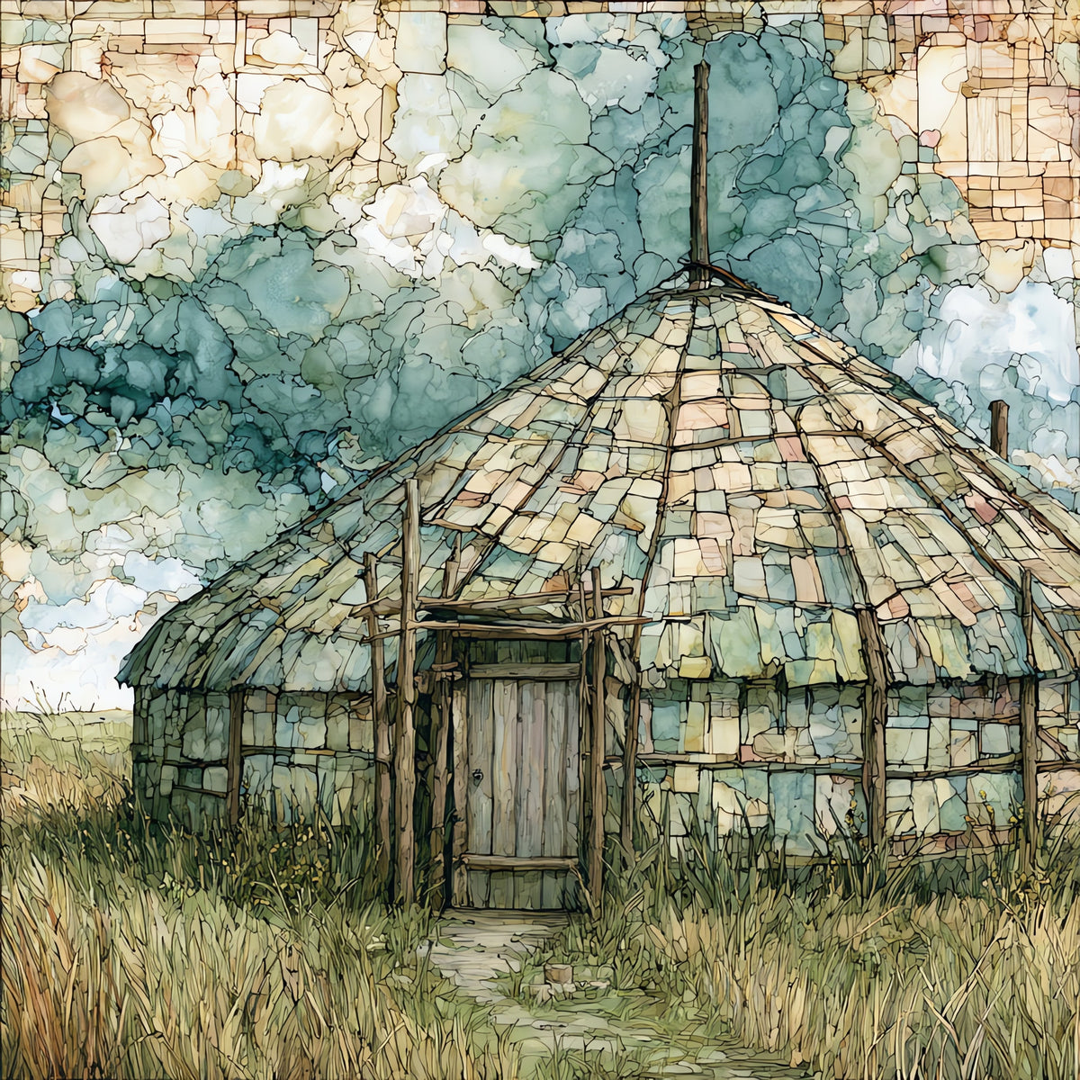 a Mandan earthlodge reconstruction — ceramic art tile
