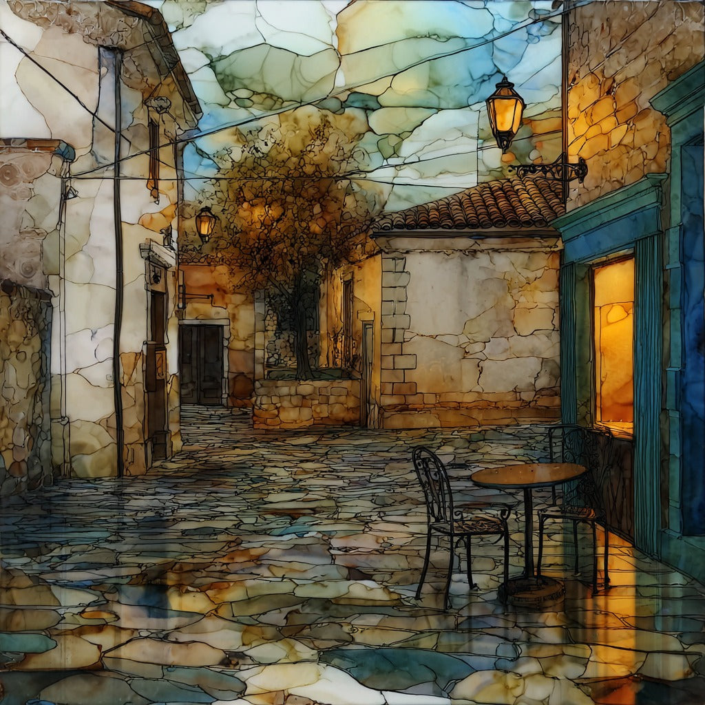 Quiet Late Afternoon Plaza a Single Empty Cafe Chair on Worn Cobblestones — ceramic art tile