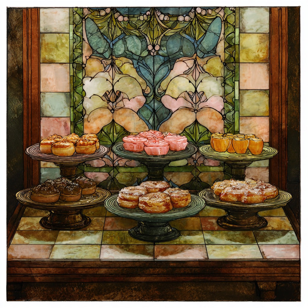 Spanish Pasteleria Window Napolitanas Ensaimadas on Tiered Trays — ceramic art tile