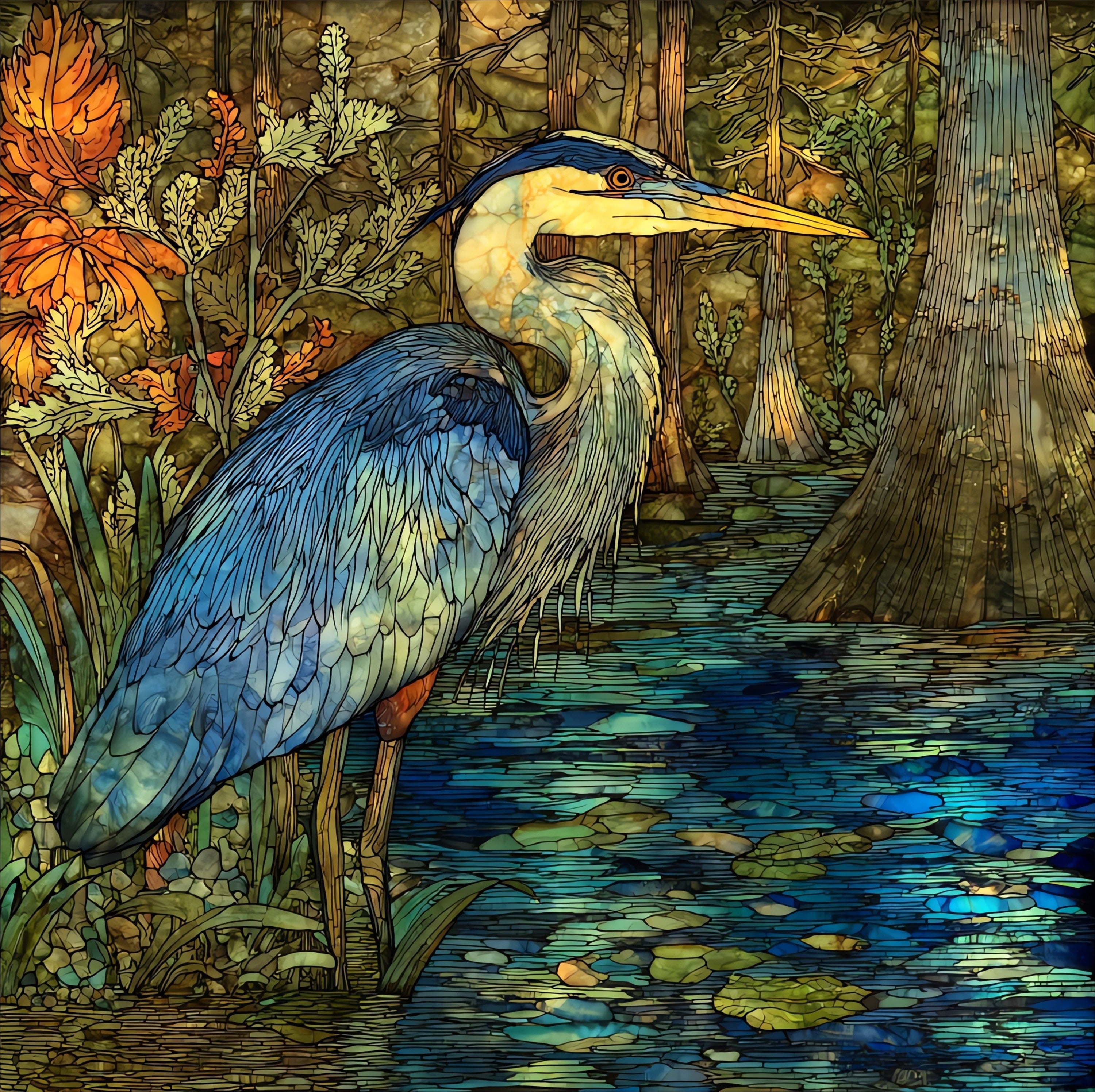 a great blue heron stalking the — ceramic art tile