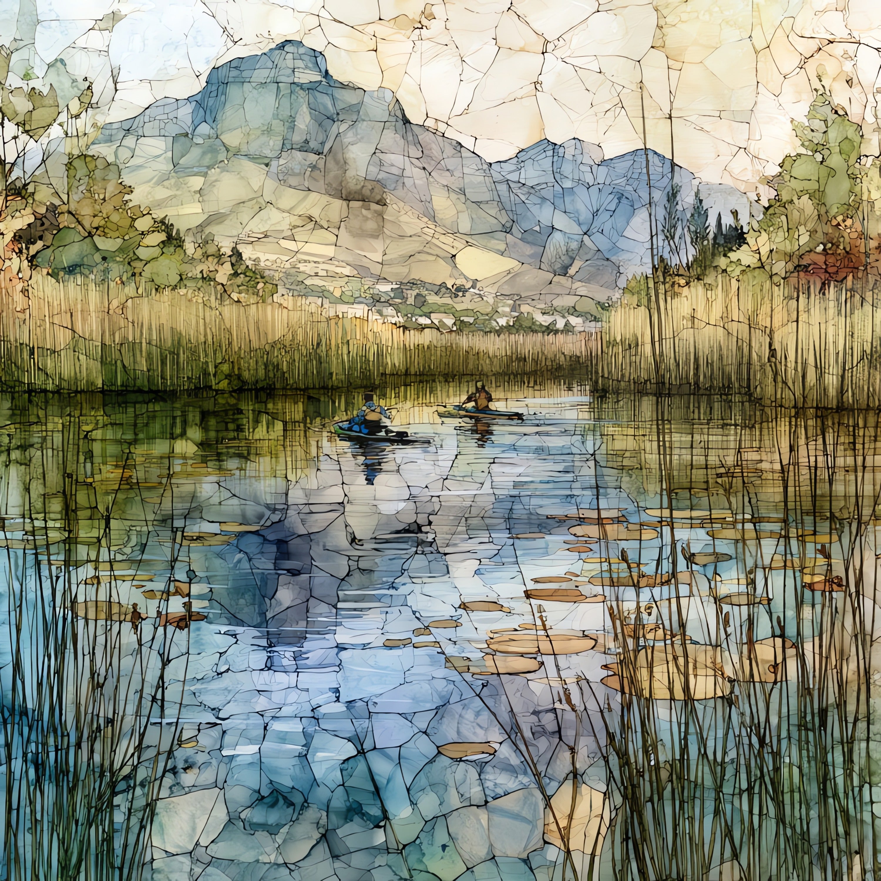 kayakers on the still water of — ceramic art tile
