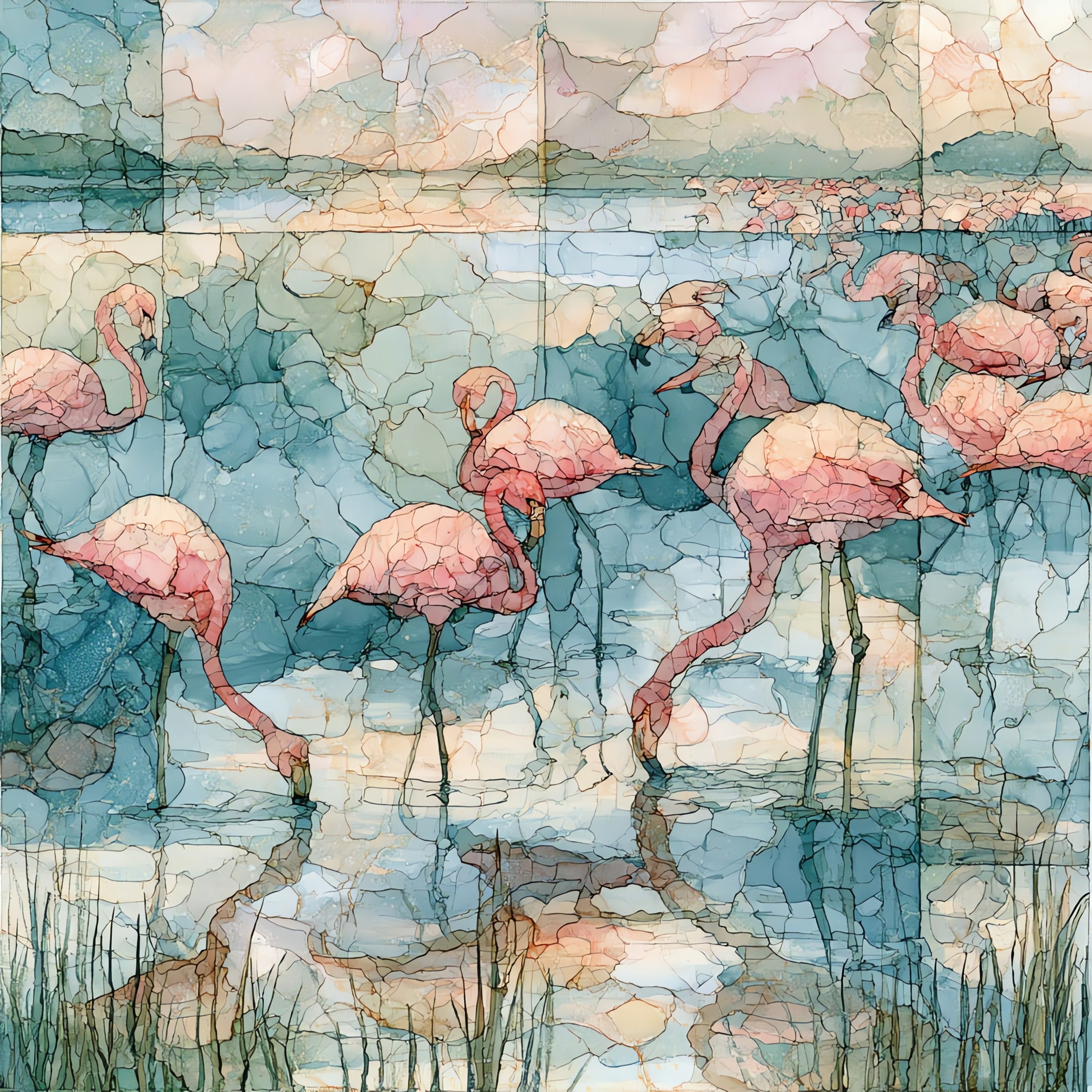 flamingos wading the shallow — ceramic art tile