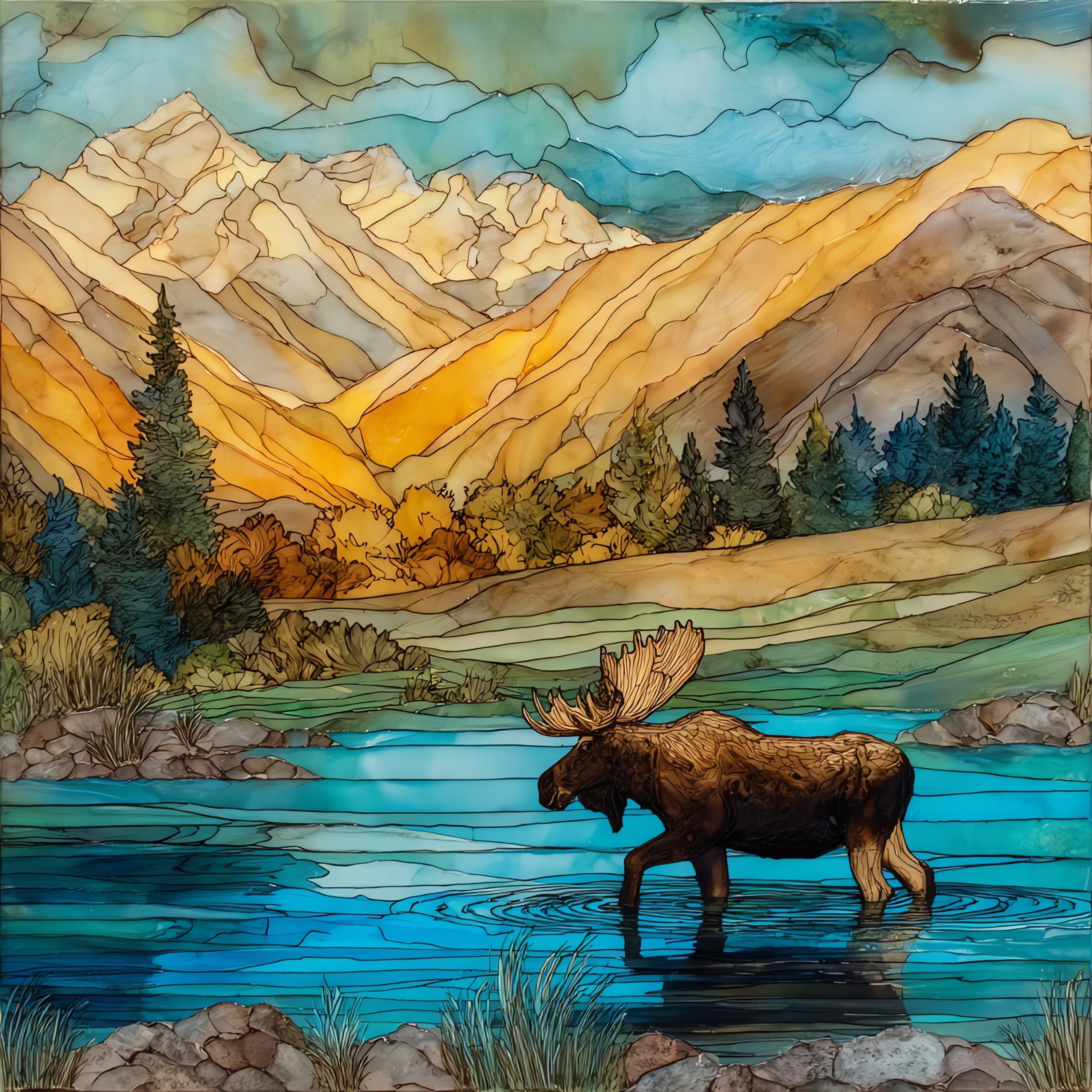 a bull moose wading the Gros — ceramic art tile