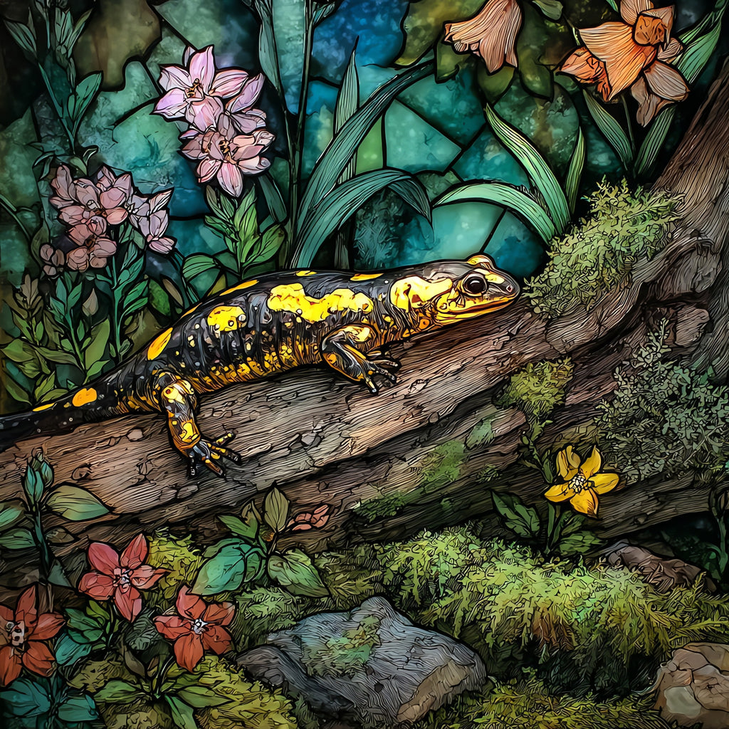 a black-and-yellow spotted salamander — ceramic art tile