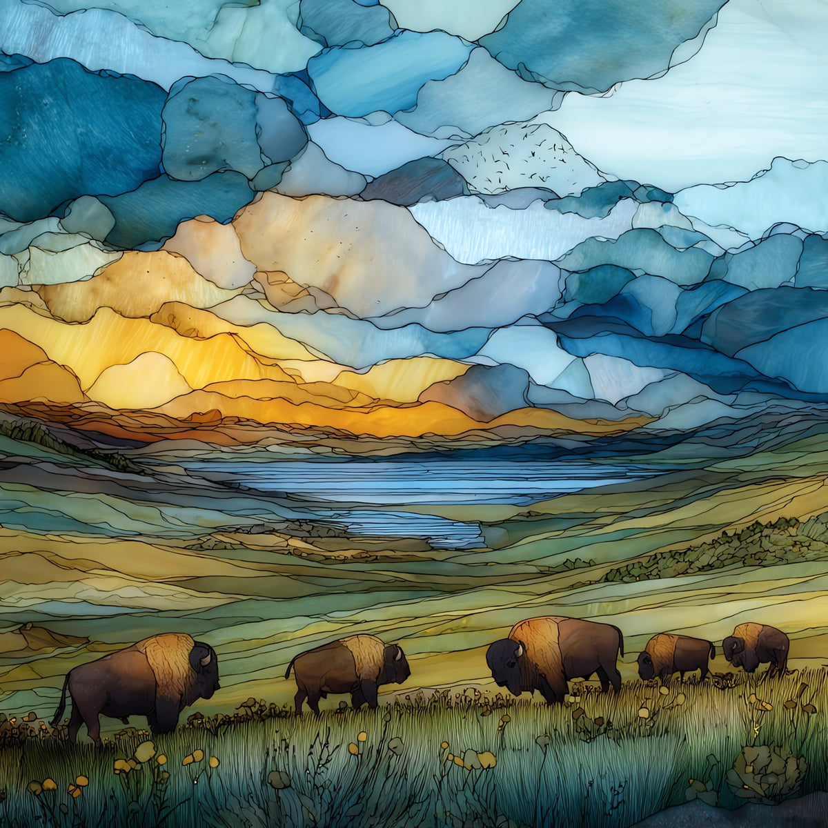 a bison herd — ceramic art tile