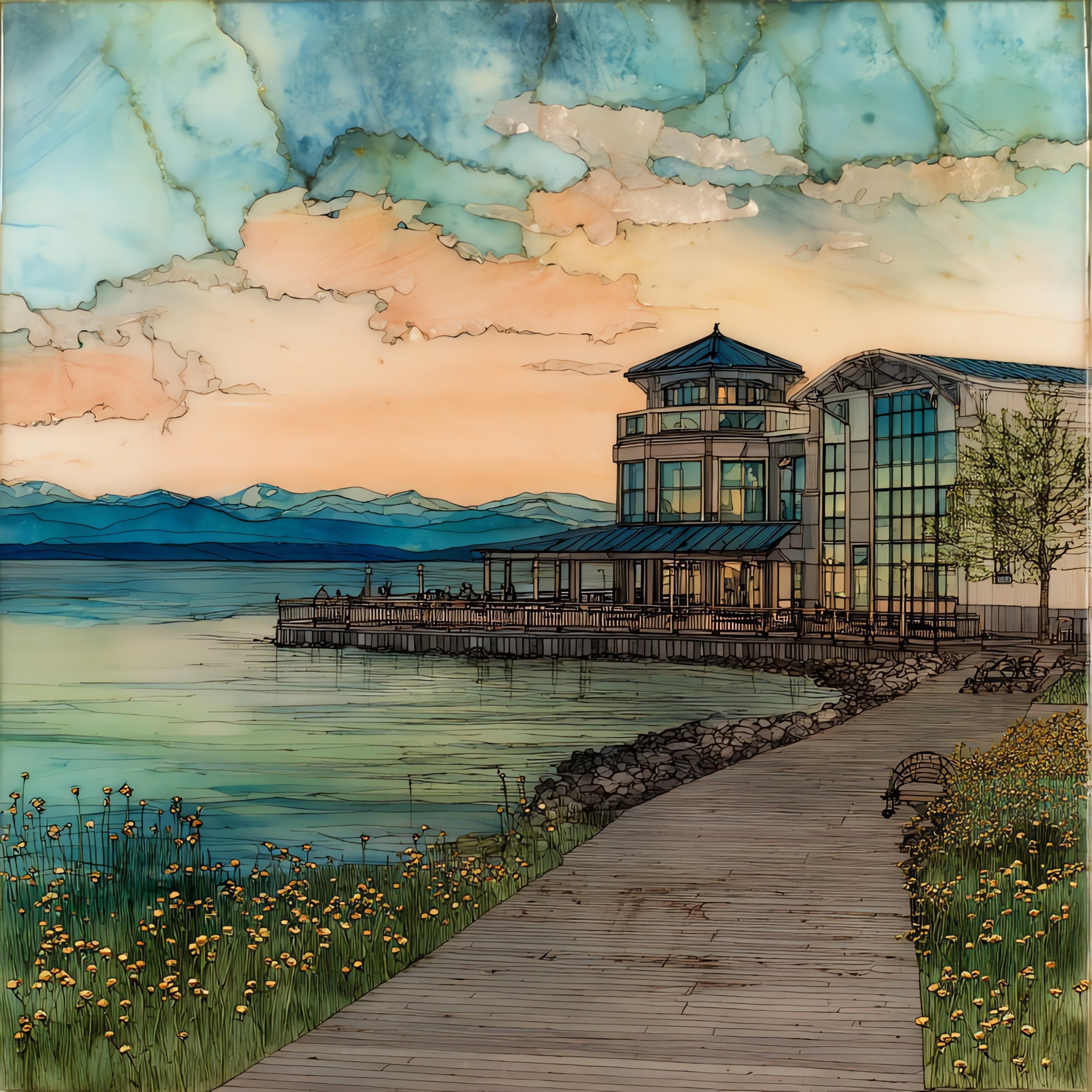 the Burlington waterfront on Lake Champlain — ceramic art tile