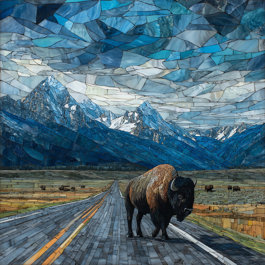 a Yellowstone bison bull crossing the — ceramic art tile