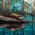 a river otter on a fallen cypress log — ceramic art tile